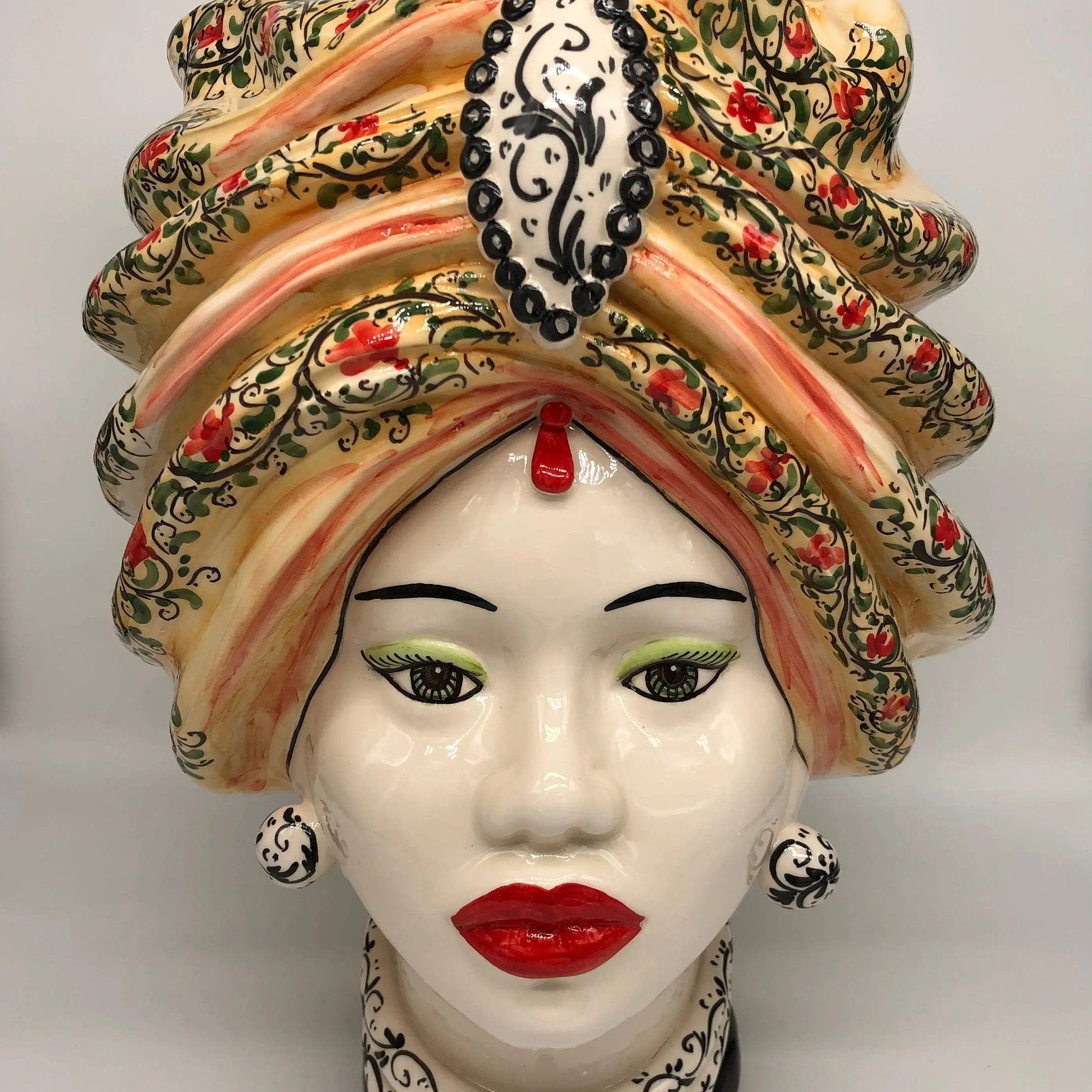 Teste di Moro Atena Ceramica Caltagirone cm H.40 L.28 Artigianale Decoro Floreale DD CERAMICHE SICILIANE