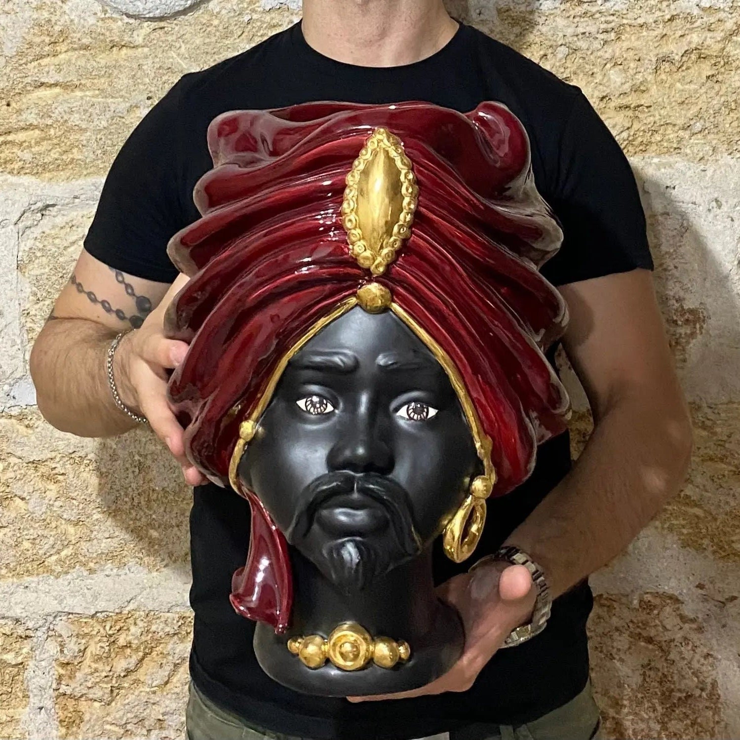 Teste di Moro Atena Ceramica Caltagirone cm H.40 L.28 Artigianale Bordeaux Nero Oro DD CERAMICHE SICILIANE
