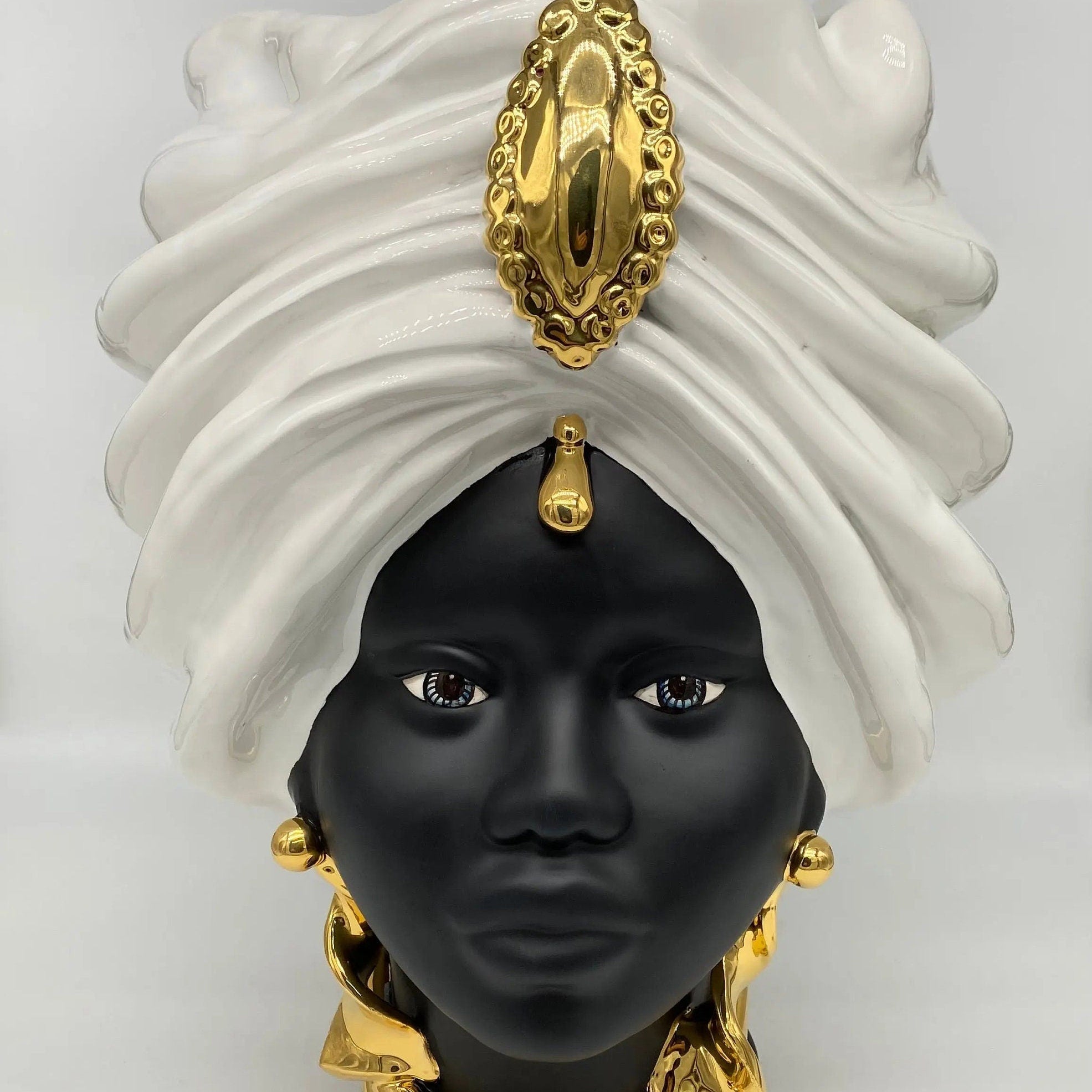 Teste di Moro Atena Ceramica Caltagirone cm H.40 L.28 Artigianale Bianco Nero Oro DD CERAMICHE SICILIANE