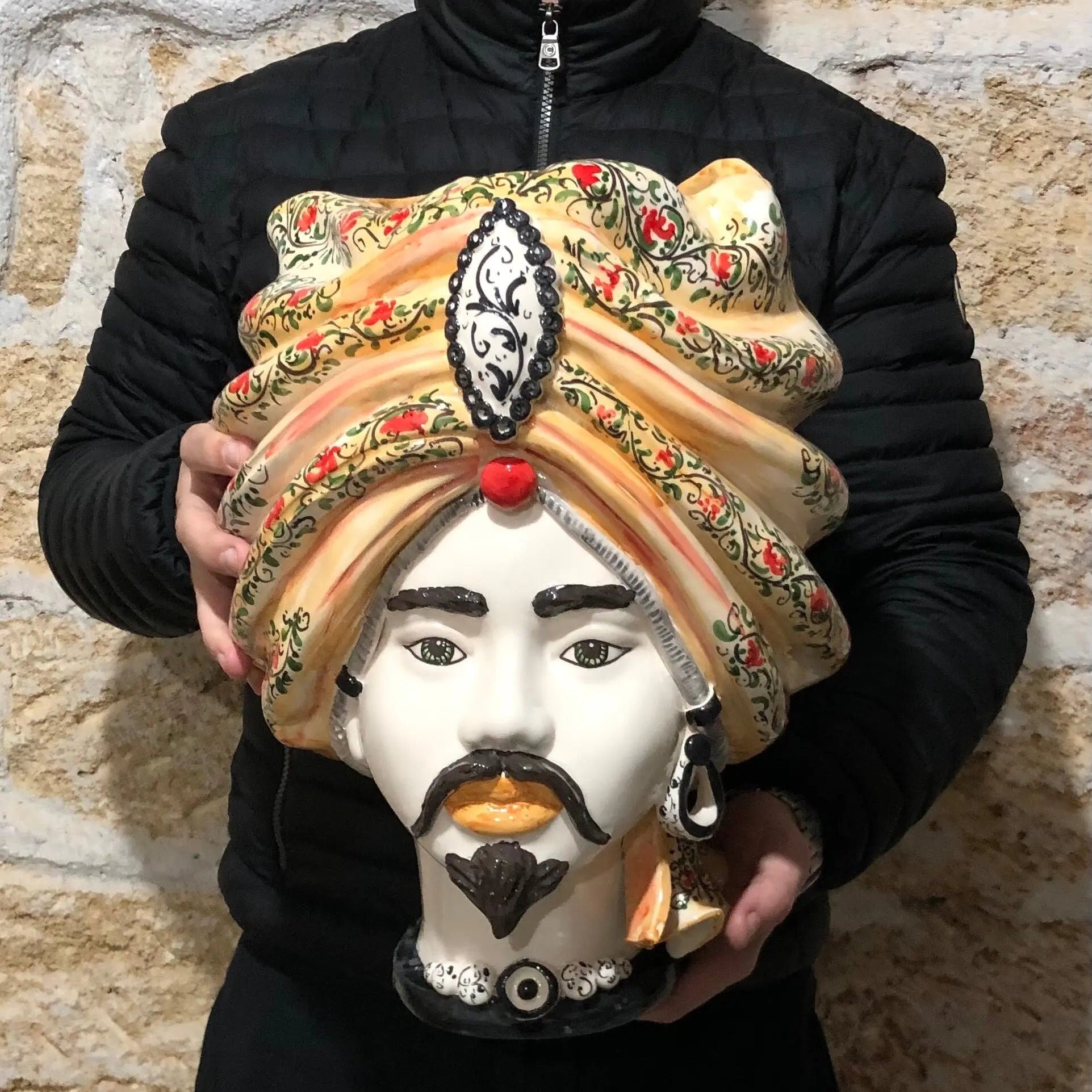 Teste di Moro Atena Ceramica Caltagirone cm H.40 L.28 Artigianale Decoro Floreale DD CERAMICHE SICILIANE