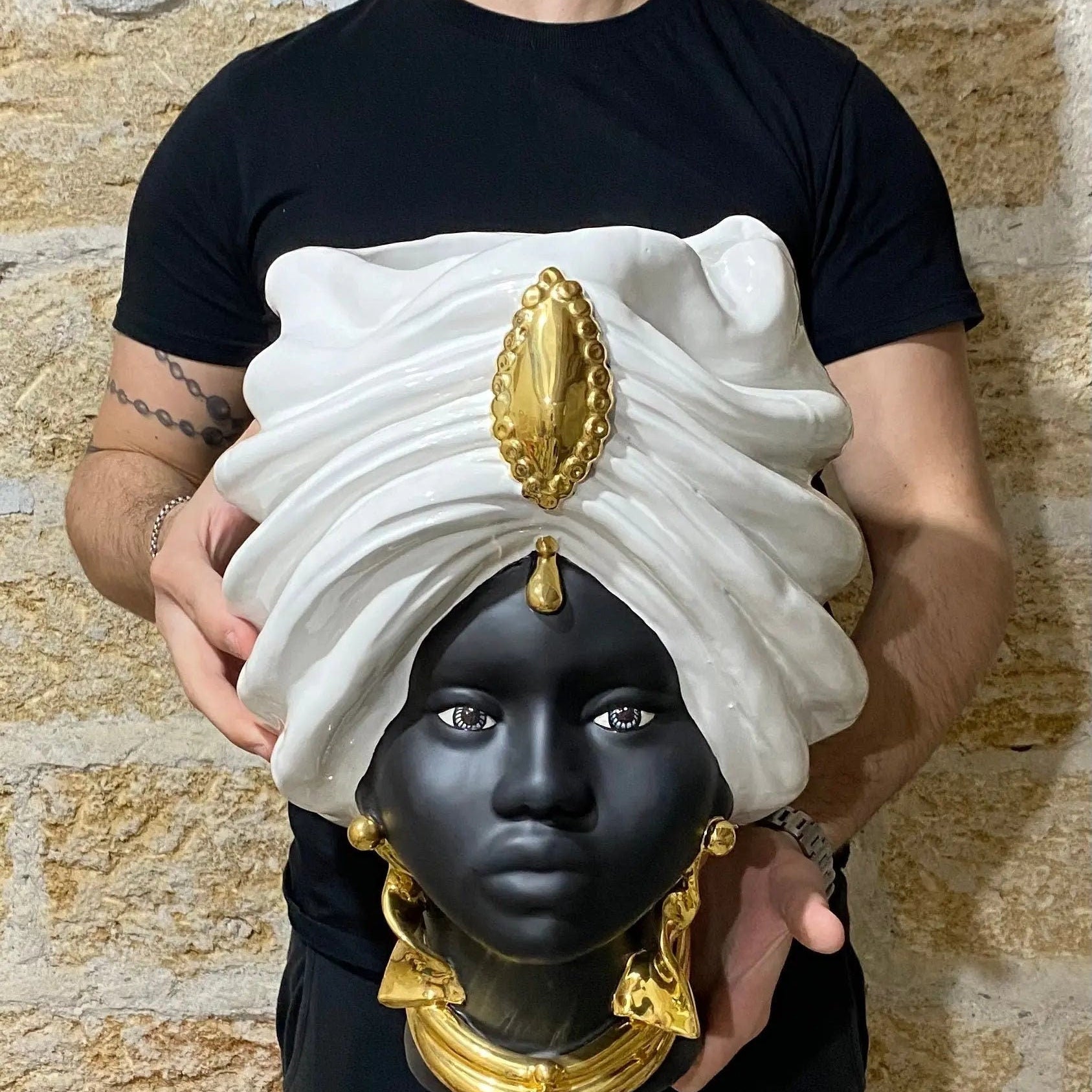 Teste di Moro Atena Ceramica Caltagirone cm H.40 L.28 Artigianale Bianco Nero Oro DD CERAMICHE SICILIANE