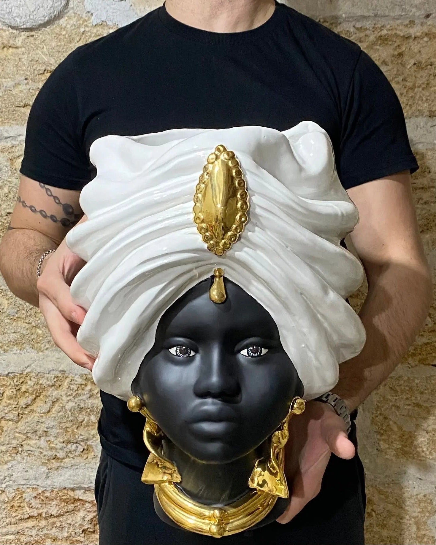 Teste di Moro Atena Ceramica Caltagirone cm H.40 L.28 Artigianale Bianco Nero Oro DD CERAMICHE SICILIANE