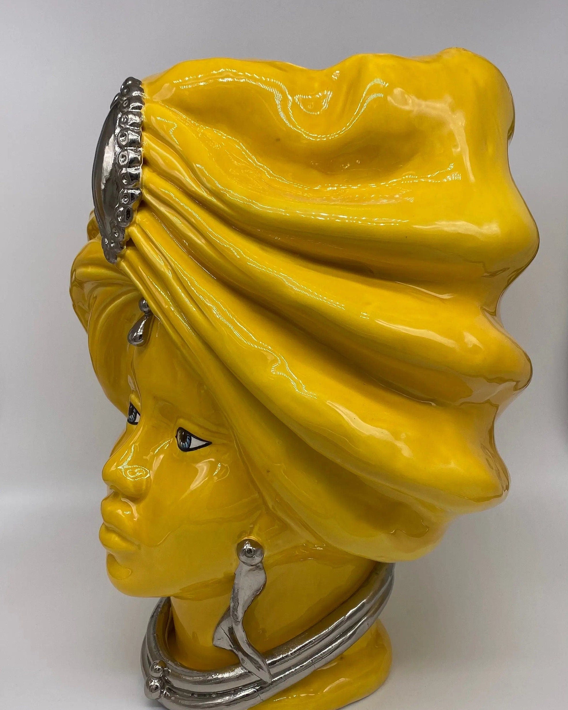 Teste di Moro Atena Ceramica Caltagirone cm H.40 L.28 Artigianale Giallo Platino DD CERAMICHE SICILIANE