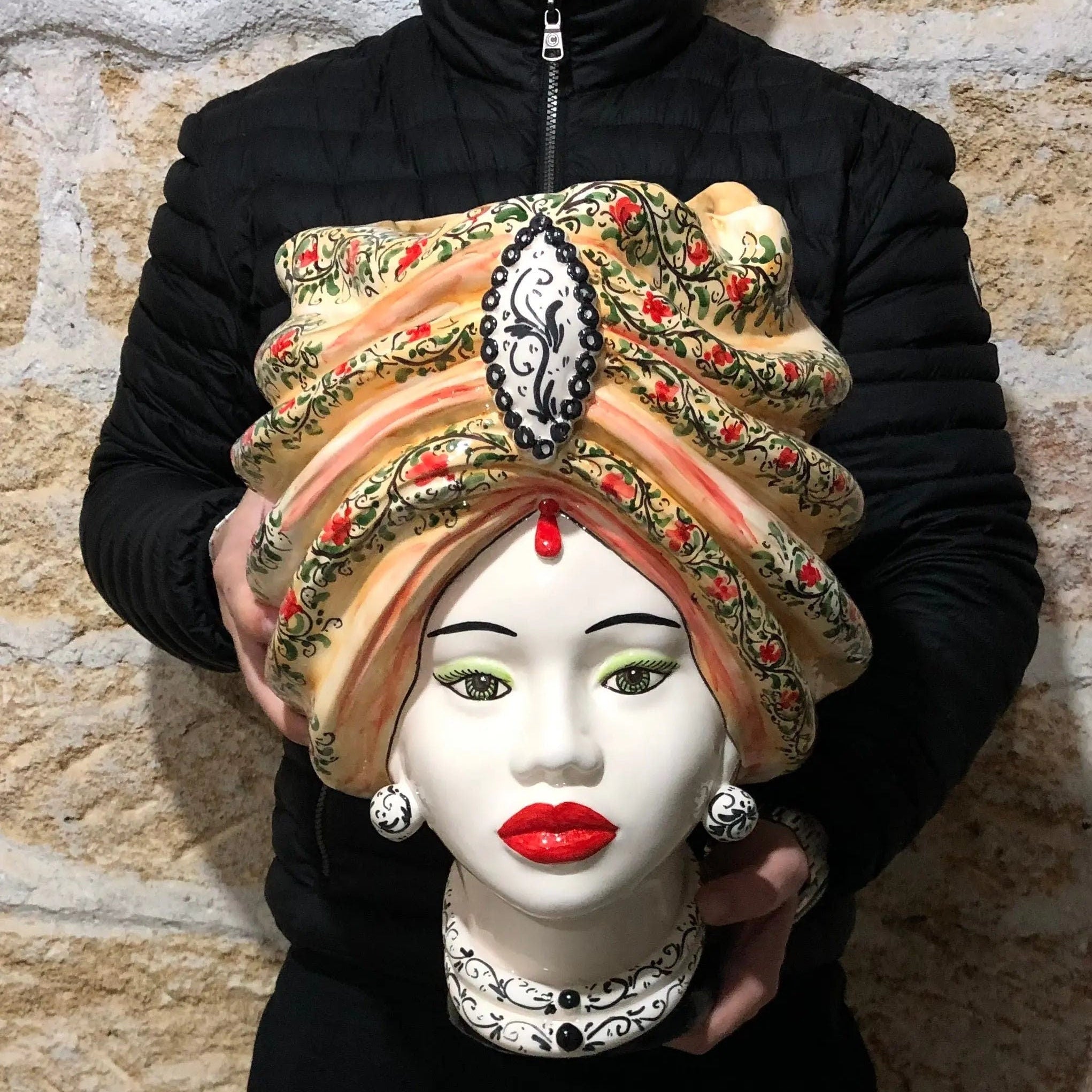 Teste di Moro Atena Ceramica Caltagirone cm H.40 L.28 Artigianale Decoro Floreale DD CERAMICHE SICILIANE