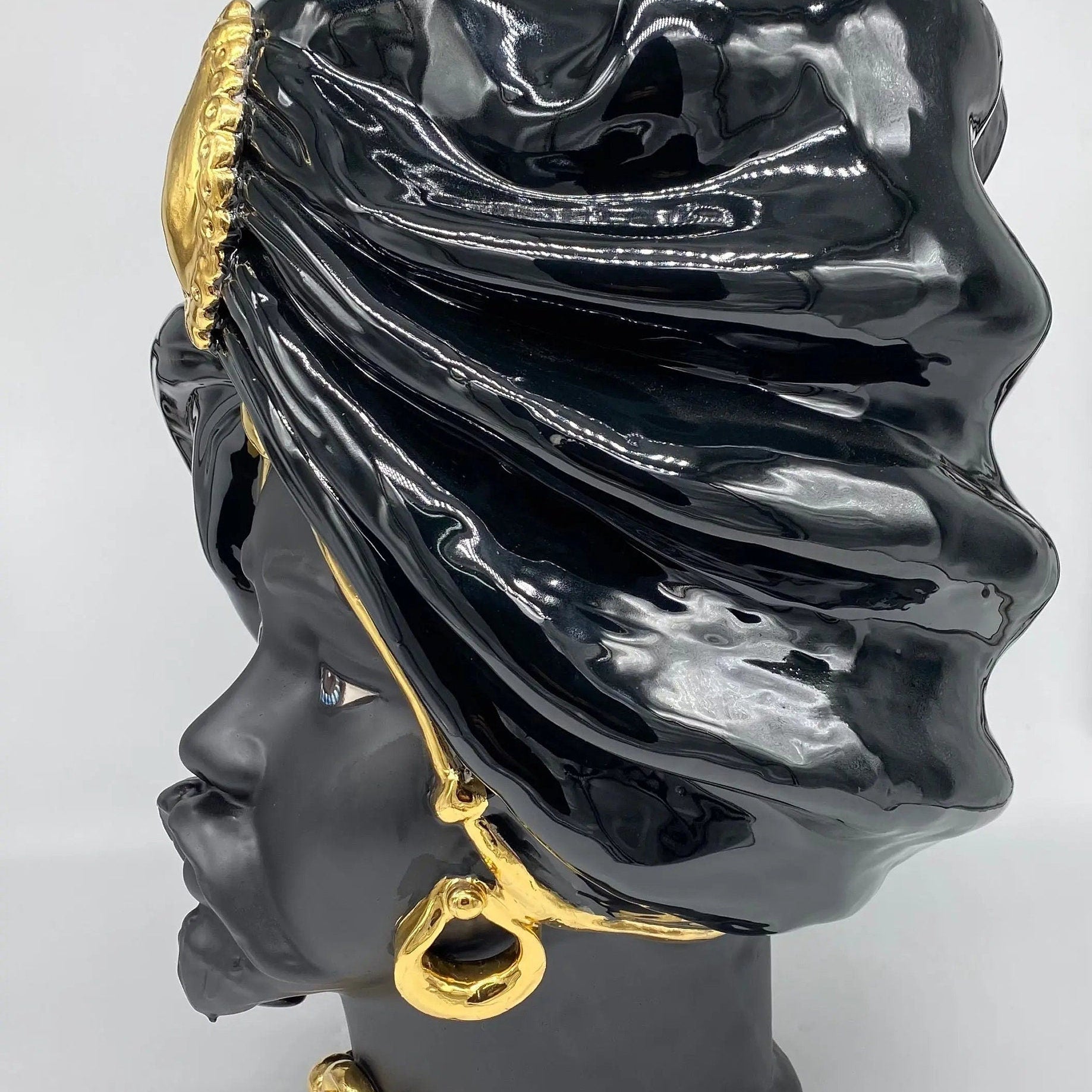 Teste di Moro Atena Ceramica Caltagirone cm H.40 L.28 Artigianale Nero Oro DD CERAMICHE SICILIANE