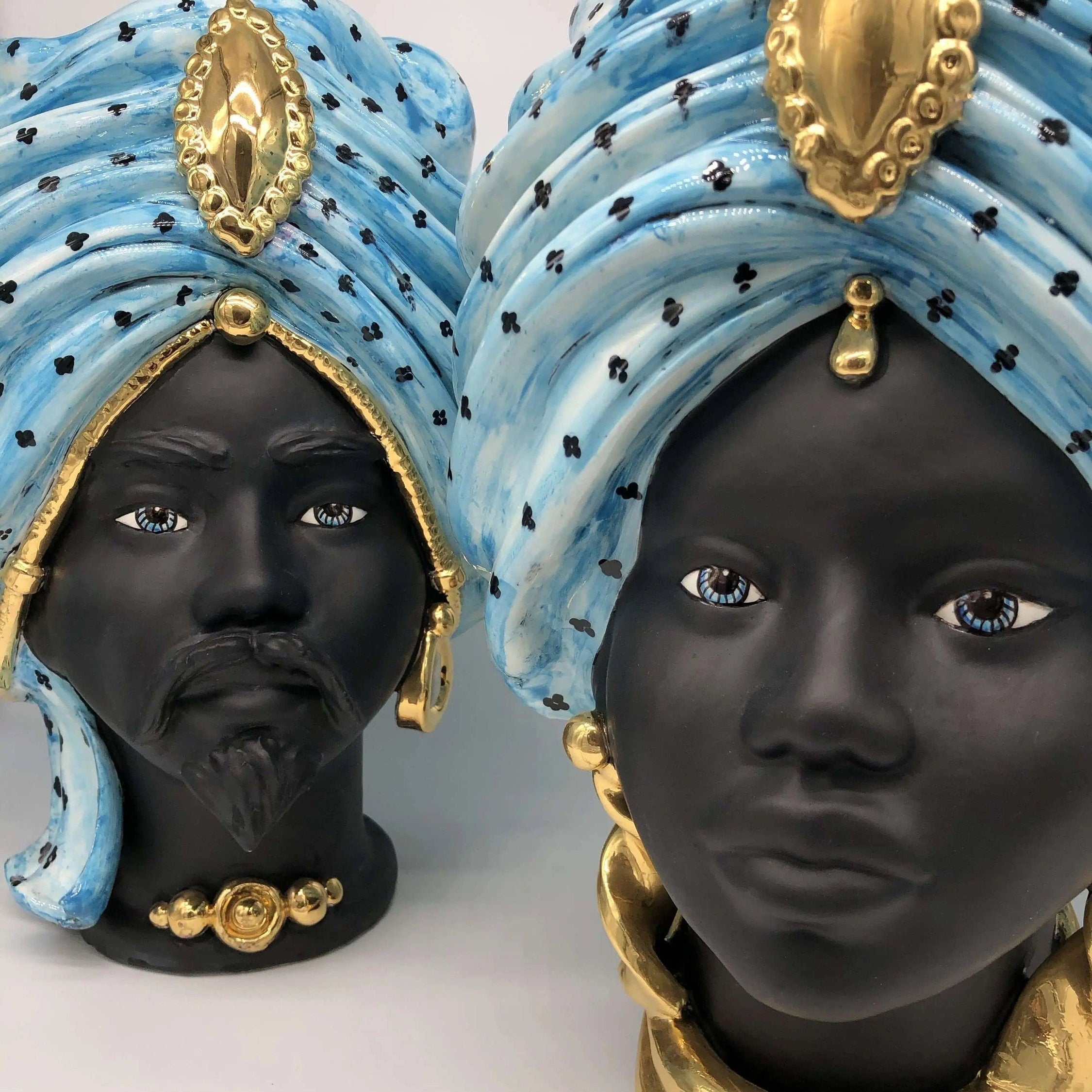 Teste di Moro Atena Ceramica Caltagirone cm H.40 L.28 Artigianale Celeste Pois Nero Oro DD CERAMICHE SICILIANE