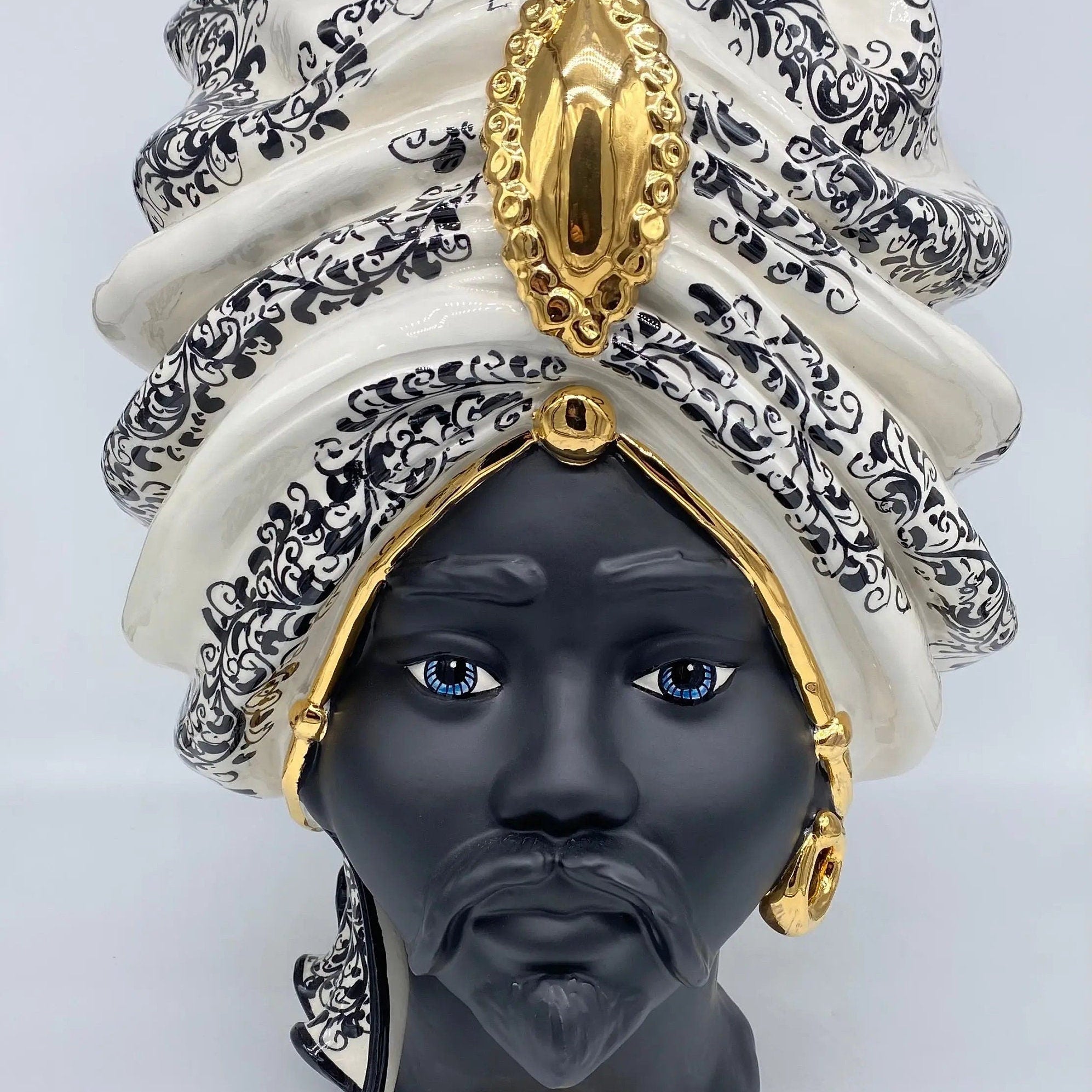Teste di Moro Atena Ceramica Caltagirone cm H.40 L.28 Artigianale Opaco Bianco Barocco Oro DD CERAMICHE SICILIANE