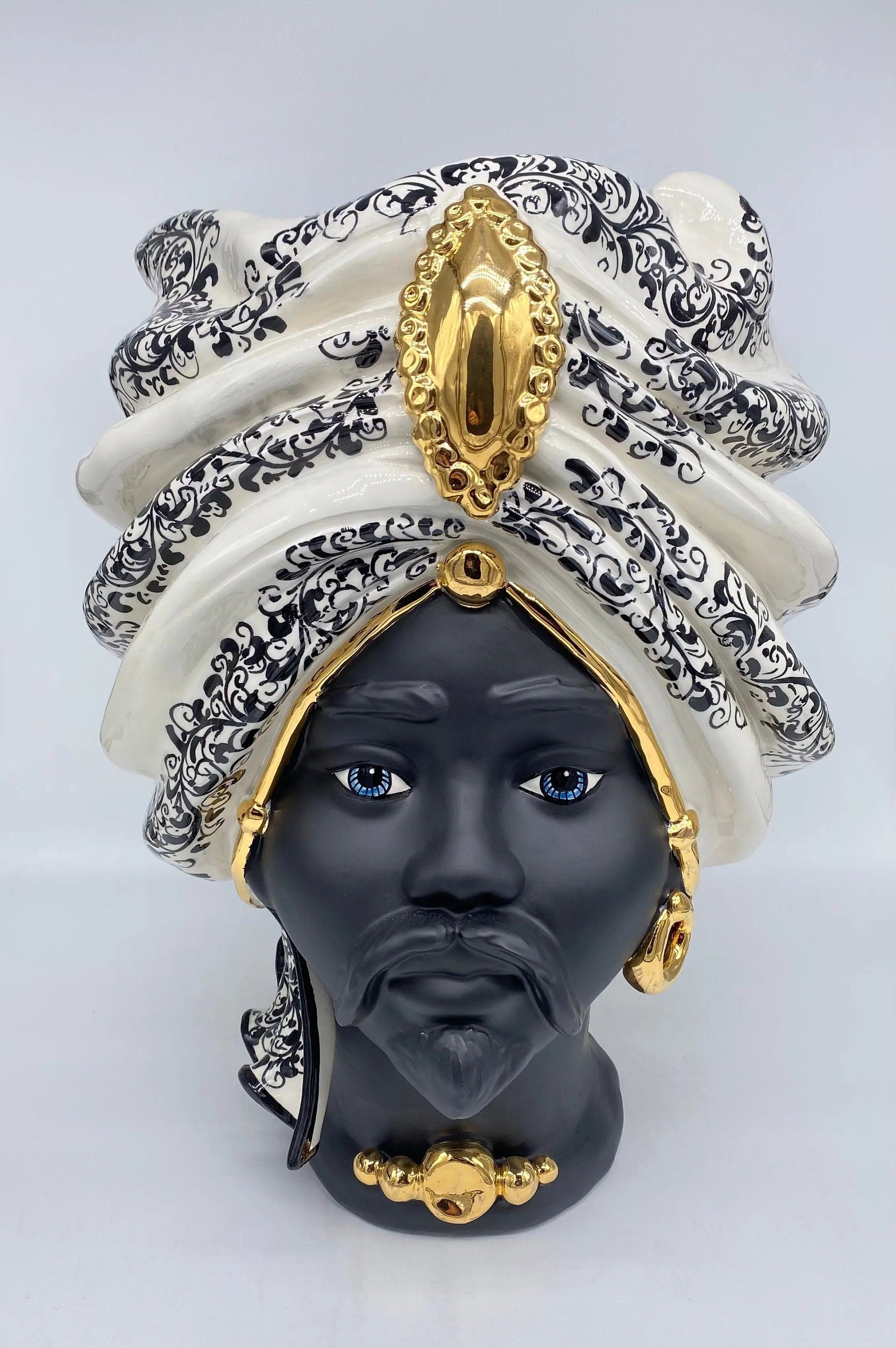 Teste di Moro Atena Ceramica Caltagirone cm H.40 L.28 Artigianale Opaco Bianco Barocco Oro DD CERAMICHE SICILIANE
