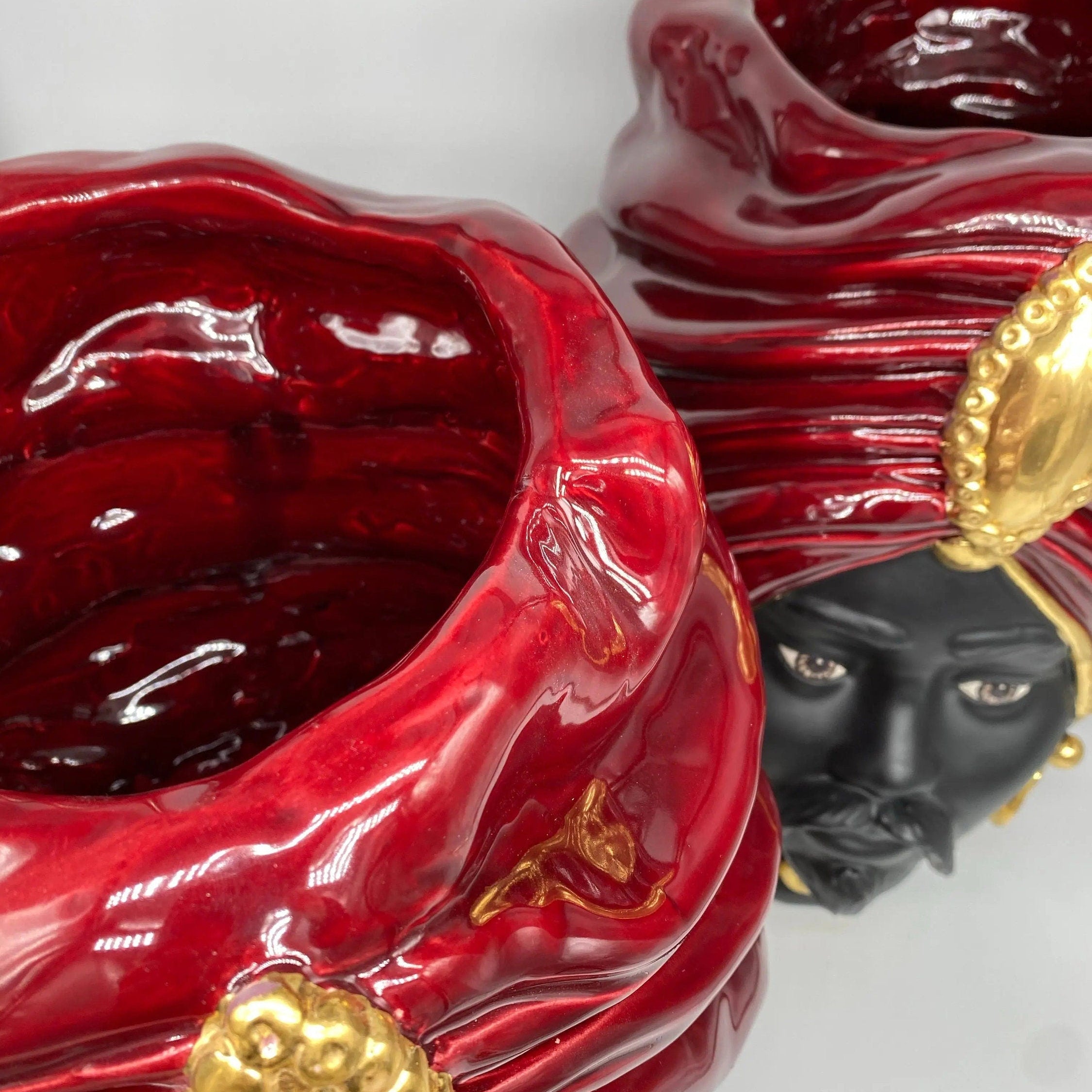 Teste di Moro Atena Ceramica Caltagirone cm H.40 L.28 Artigianale Bordeaux Nero Oro DD CERAMICHE SICILIANE