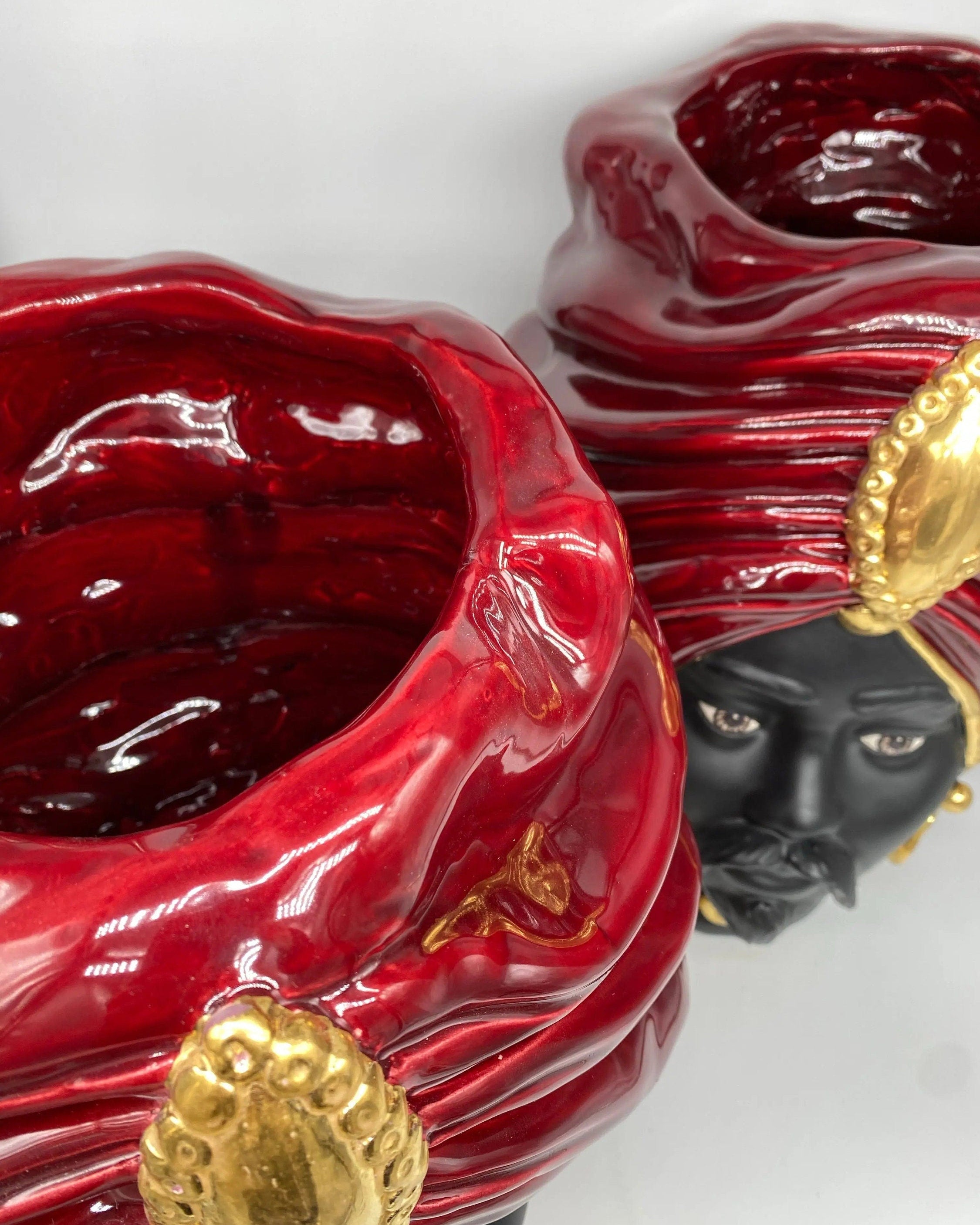 Teste di Moro Atena Ceramica Caltagirone cm H.40 L.28 Artigianale Bordeaux Nero Oro DD CERAMICHE SICILIANE