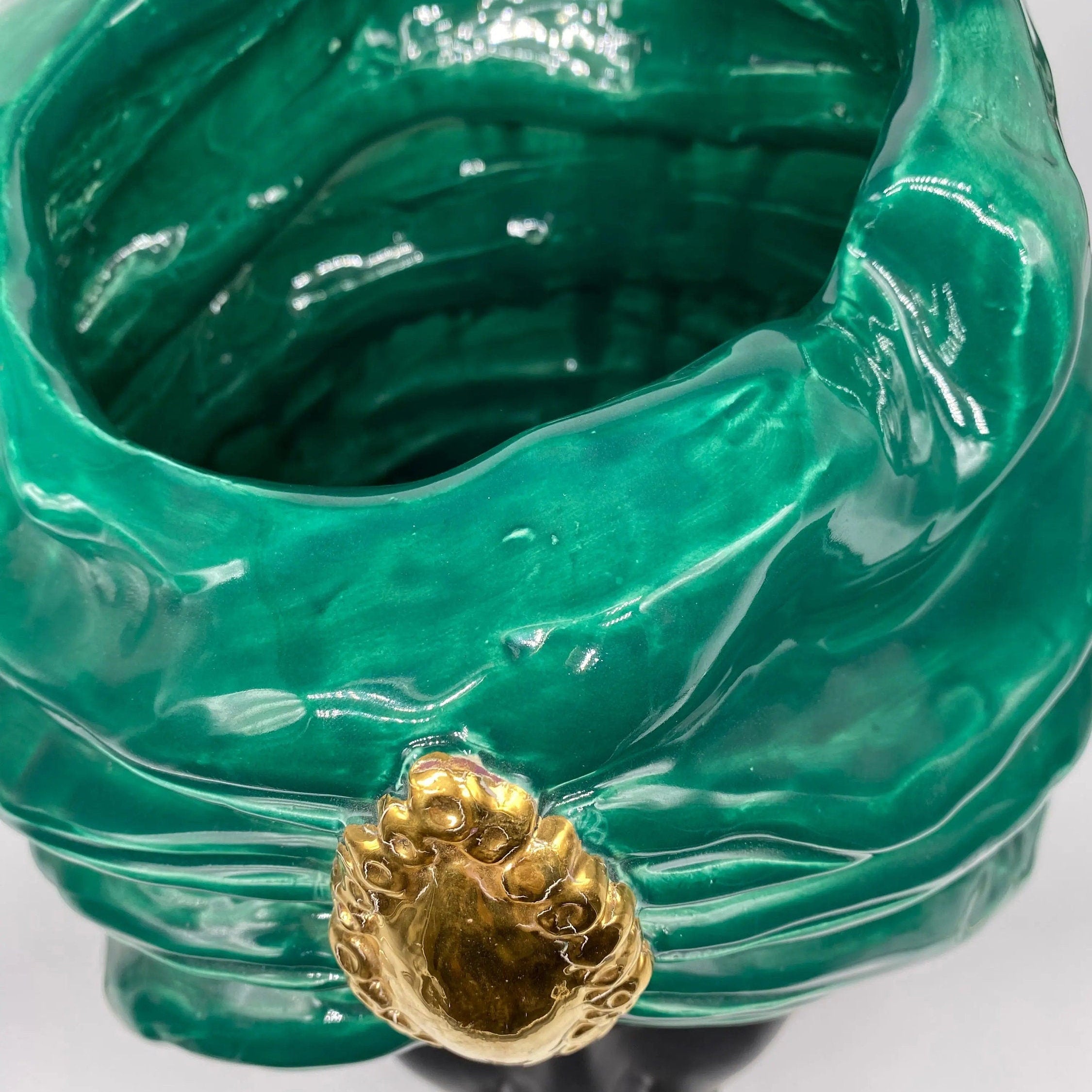 Teste di Moro Atena Ceramica Caltagirone cm H.40 L.28 Artigianale Verde Scuro Nero Oro DD CERAMICHE SICILIANE