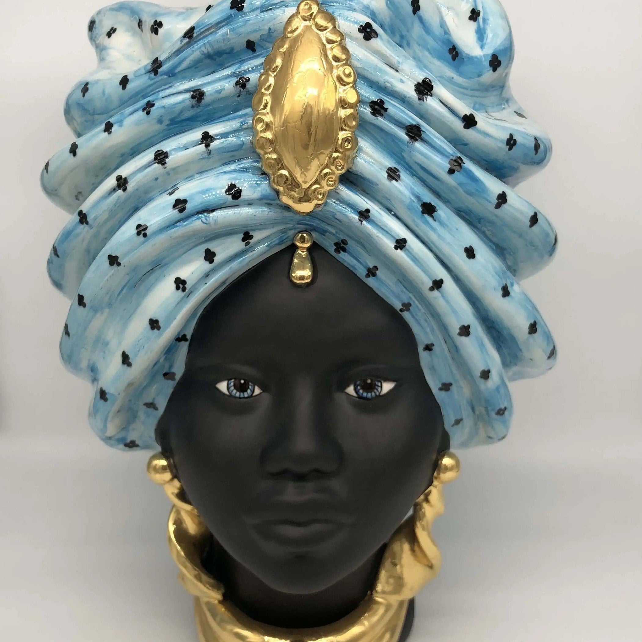 Teste di Moro Atena Ceramica Caltagirone cm H.40 L.28 Artigianale Celeste Pois Nero Oro DD CERAMICHE SICILIANE