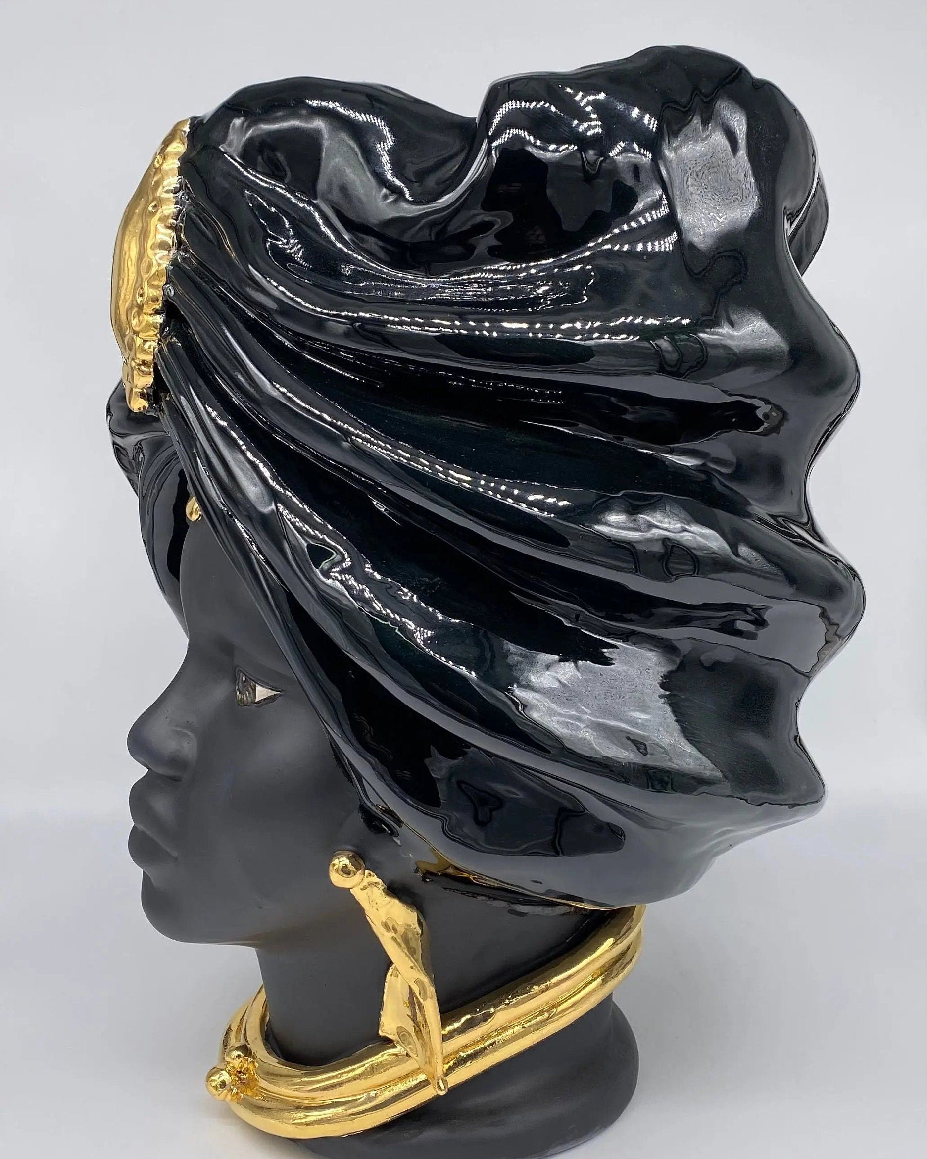Teste di Moro Atena Ceramica Caltagirone cm H.40 L.28 Artigianale Nero Oro DD CERAMICHE SICILIANE