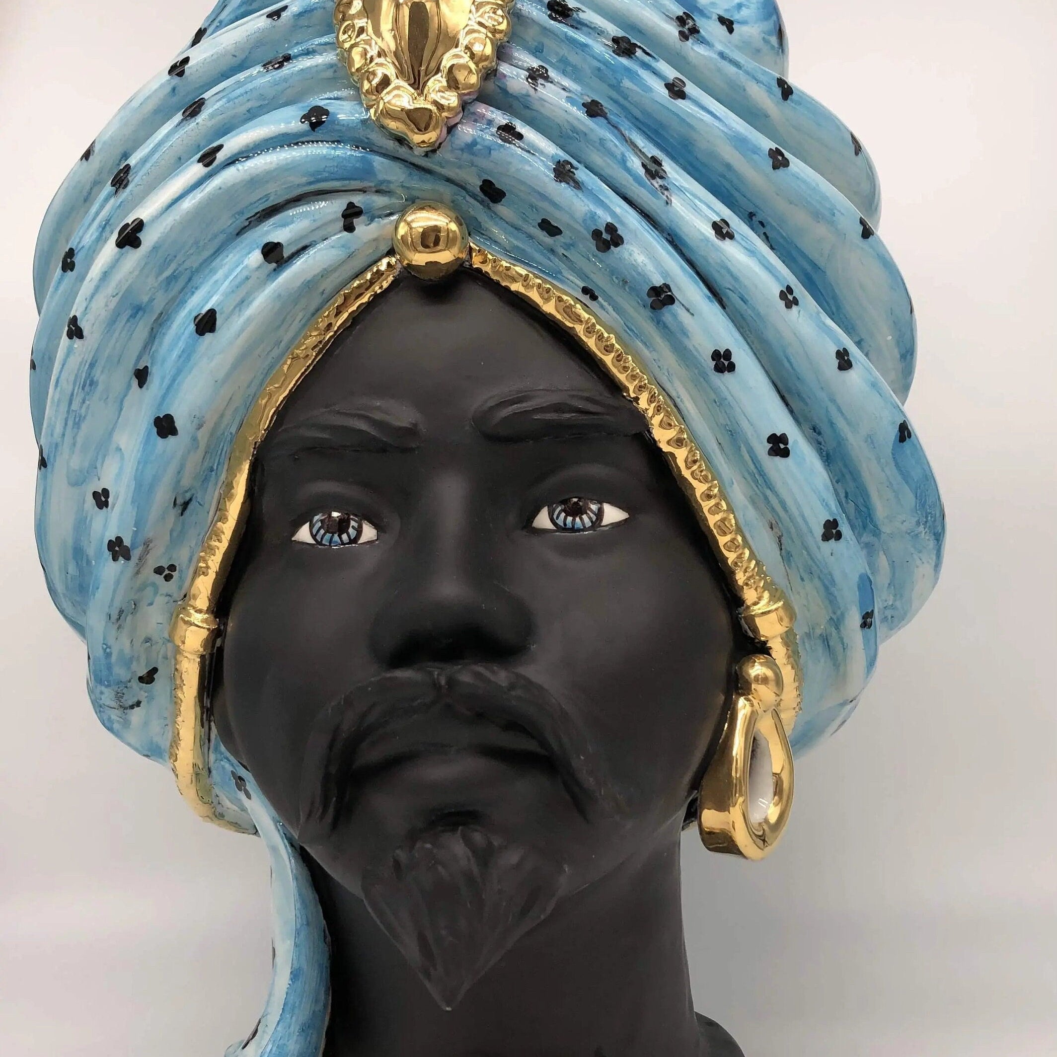 Teste di Moro Atena Ceramica Caltagirone cm H.40 L.28 Artigianale Celeste Pois Nero Oro DD CERAMICHE SICILIANE