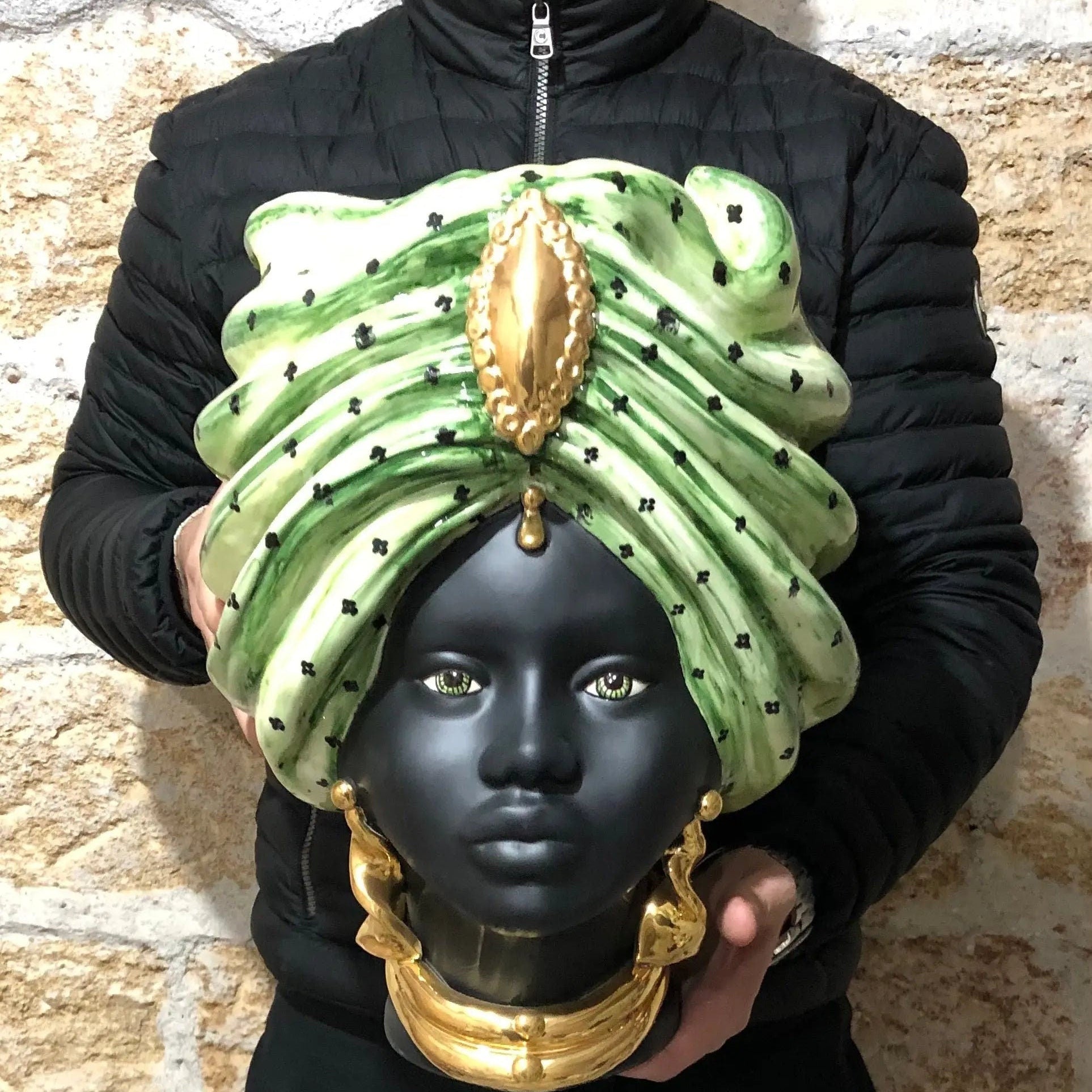 Teste di Moro Atena Ceramica Caltagirone cm H.40 L.28 Artigianale Verde Pois Nero Oro DD CERAMICHE SICILIANE