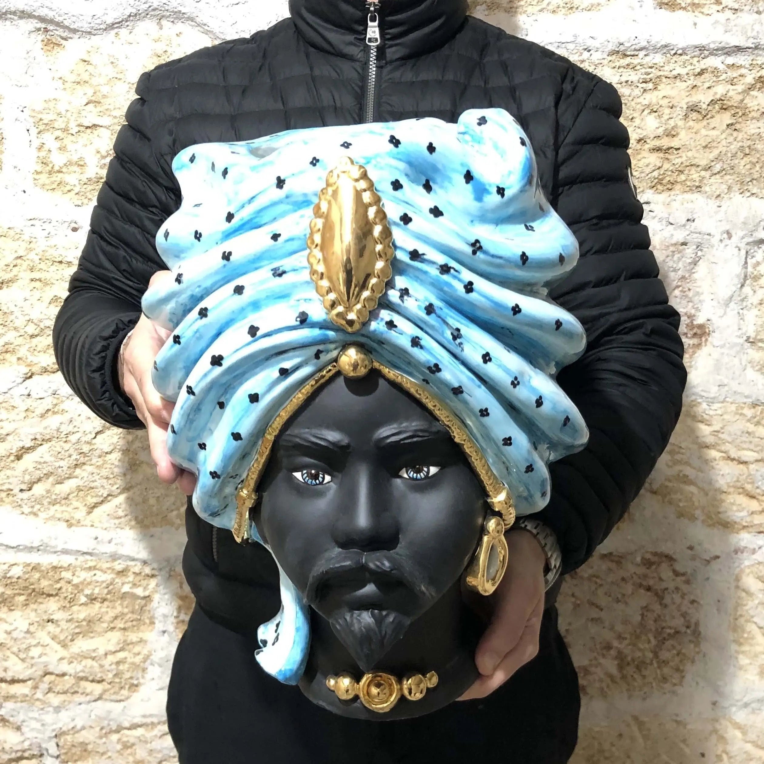 Teste di Moro Atena Ceramica Caltagirone cm H.40 L.28 Artigianale Celeste Pois Nero Oro DD CERAMICHE SICILIANE