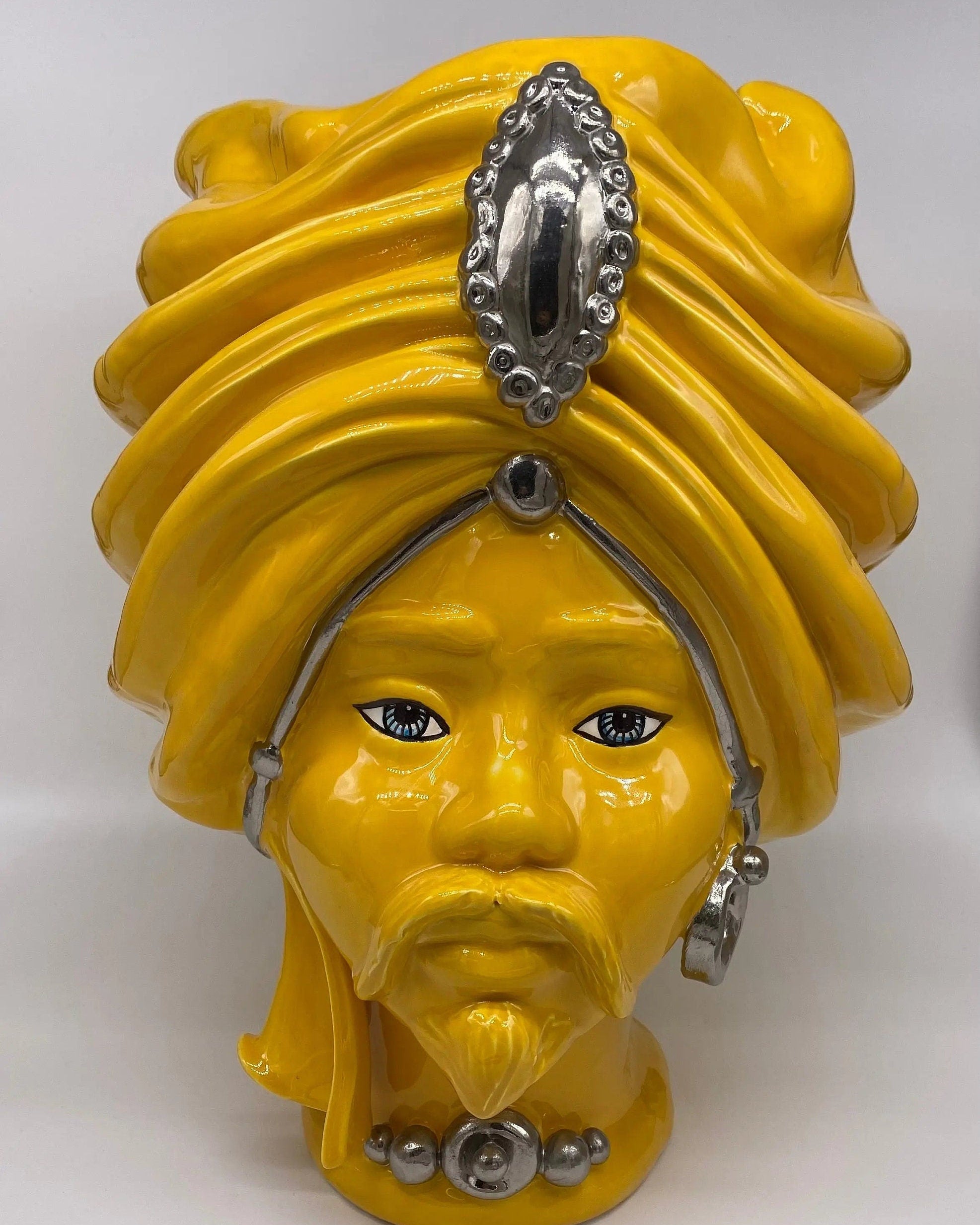 Teste di Moro Atena Ceramica Caltagirone cm H.40 L.28 Artigianale Giallo Platino DD CERAMICHE SICILIANE