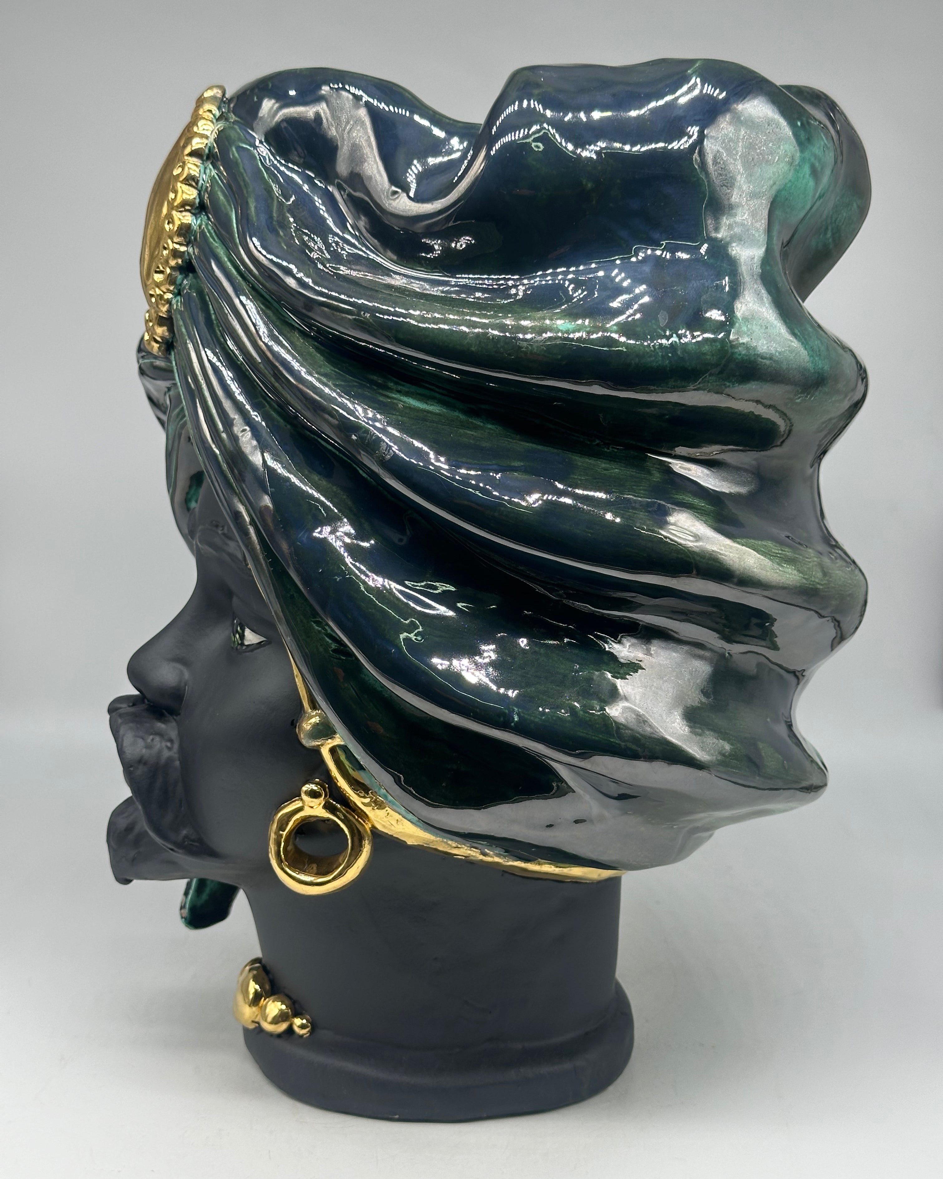 Teste di Moro Atena Ceramica Caltagirone cm H.40 L.28 Artigianale Verde Rame Nero Oro - TESTE DI MORO