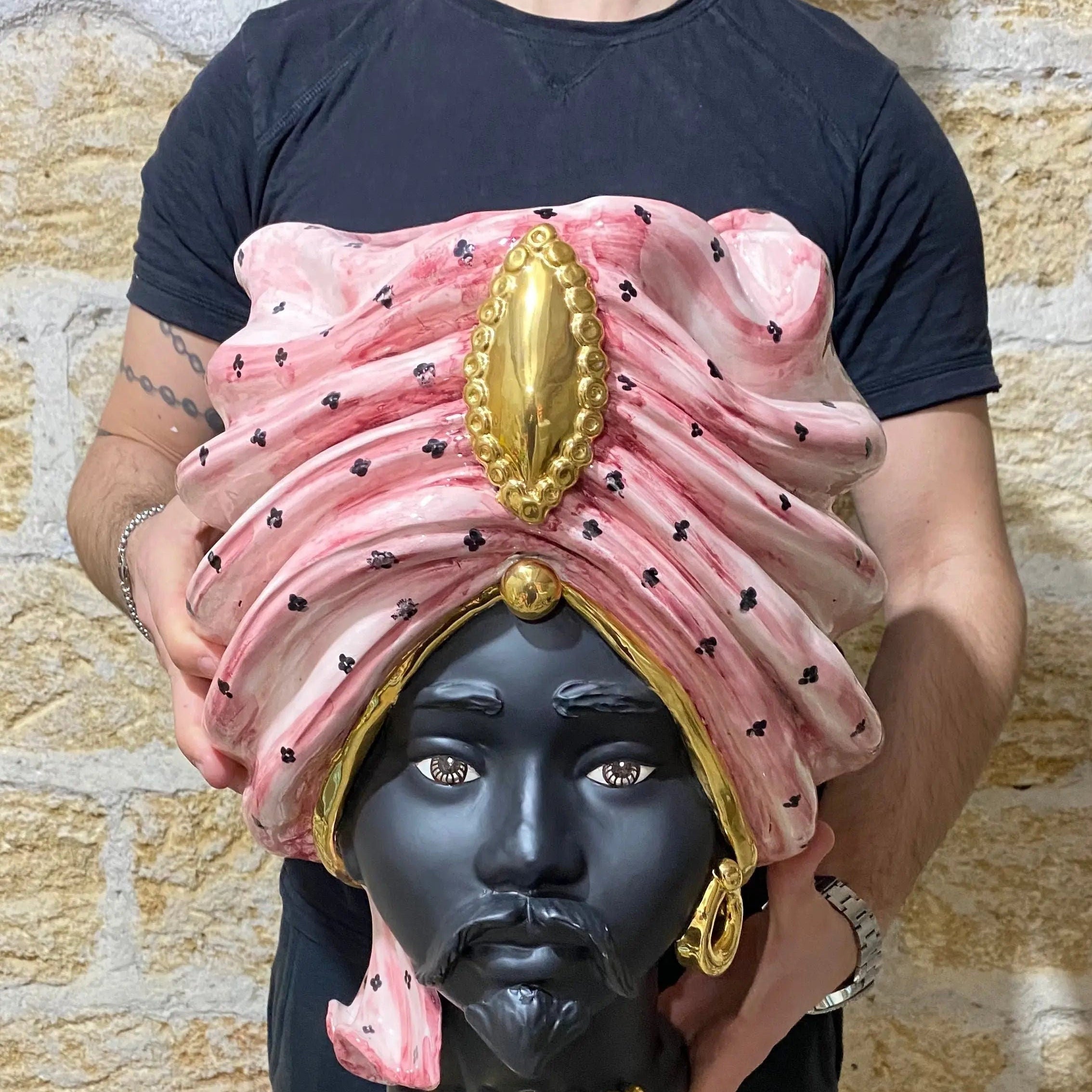 Teste di Moro Atena Ceramica Caltagirone cm H.40 L.28 Artigianale Rosa Pois Nero Oro DD CERAMICHE SICILIANE