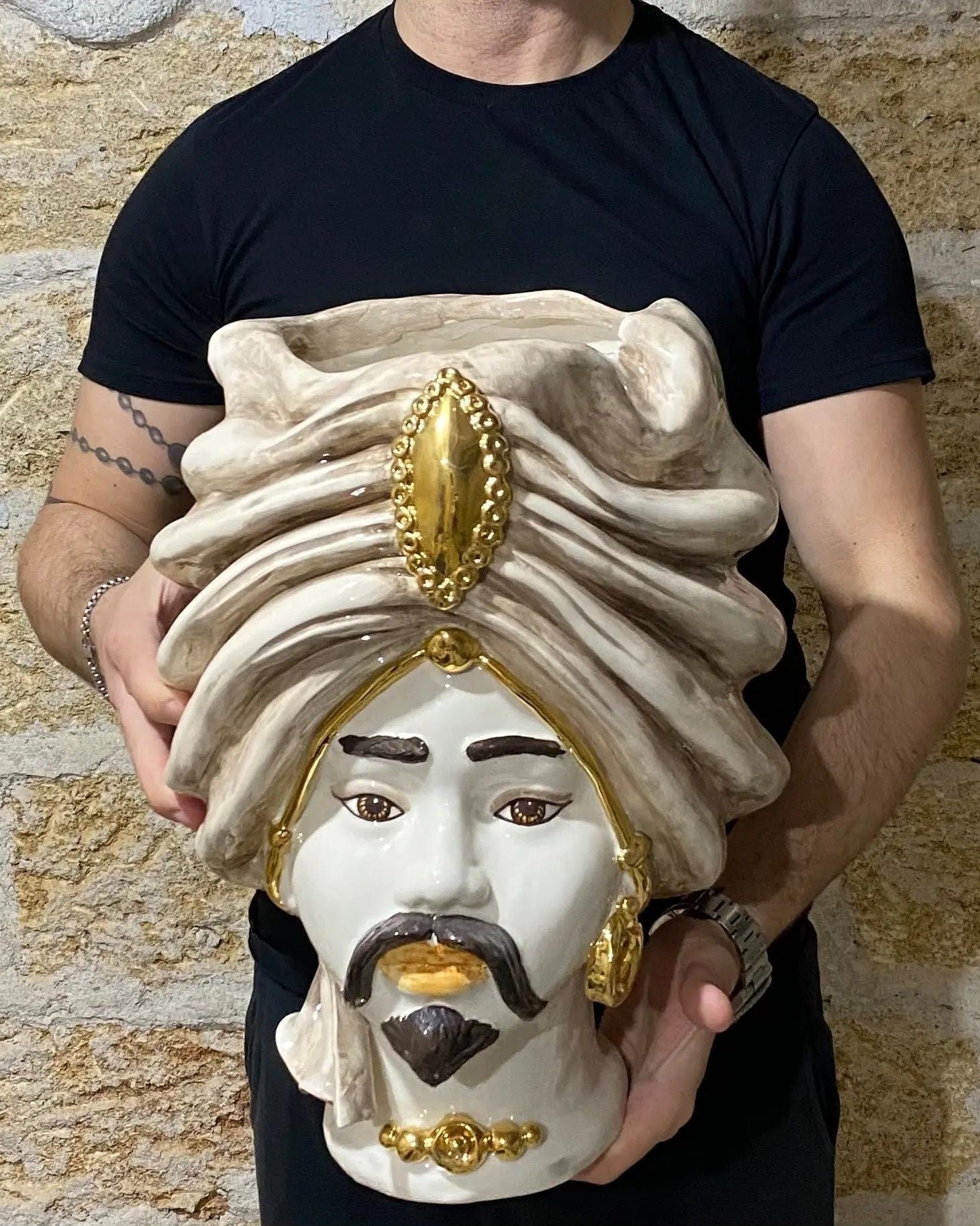 Teste di Moro Atena Ceramica Caltagirone cm H.40 L.28 Artigianale Écru Beige Oro DD CERAMICHE SICILIANE