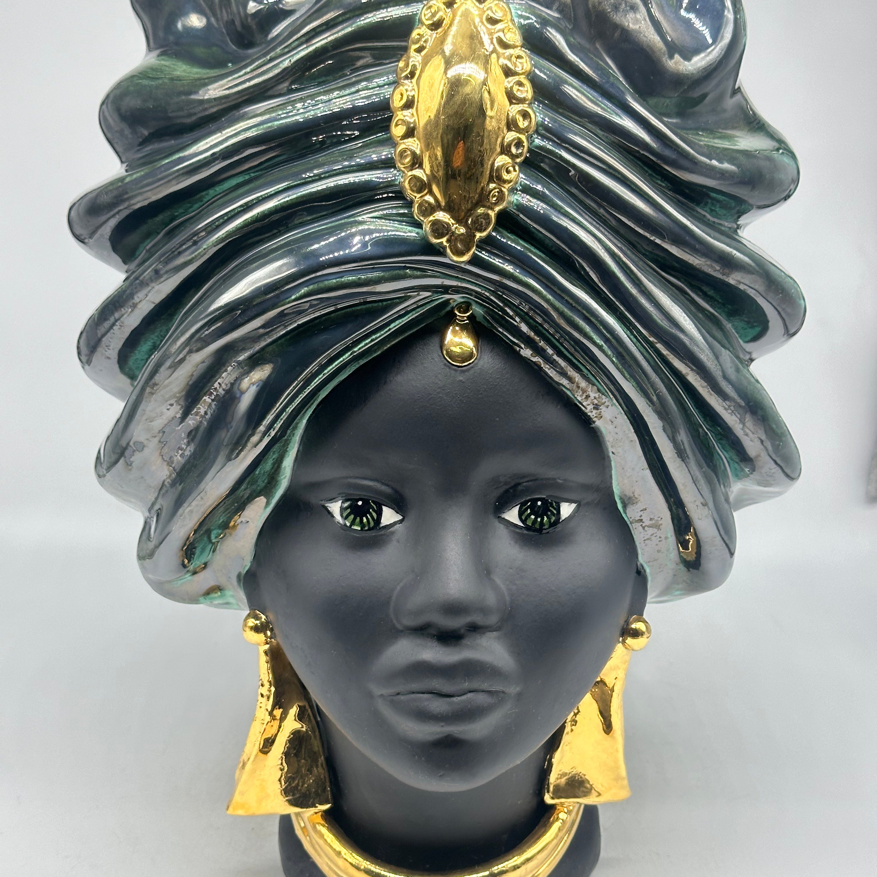 Teste di Moro Atena Ceramica Caltagirone cm H.40 L.28 Artigianale Verde Rame Nero Oro - Donna - TESTE DI MORO