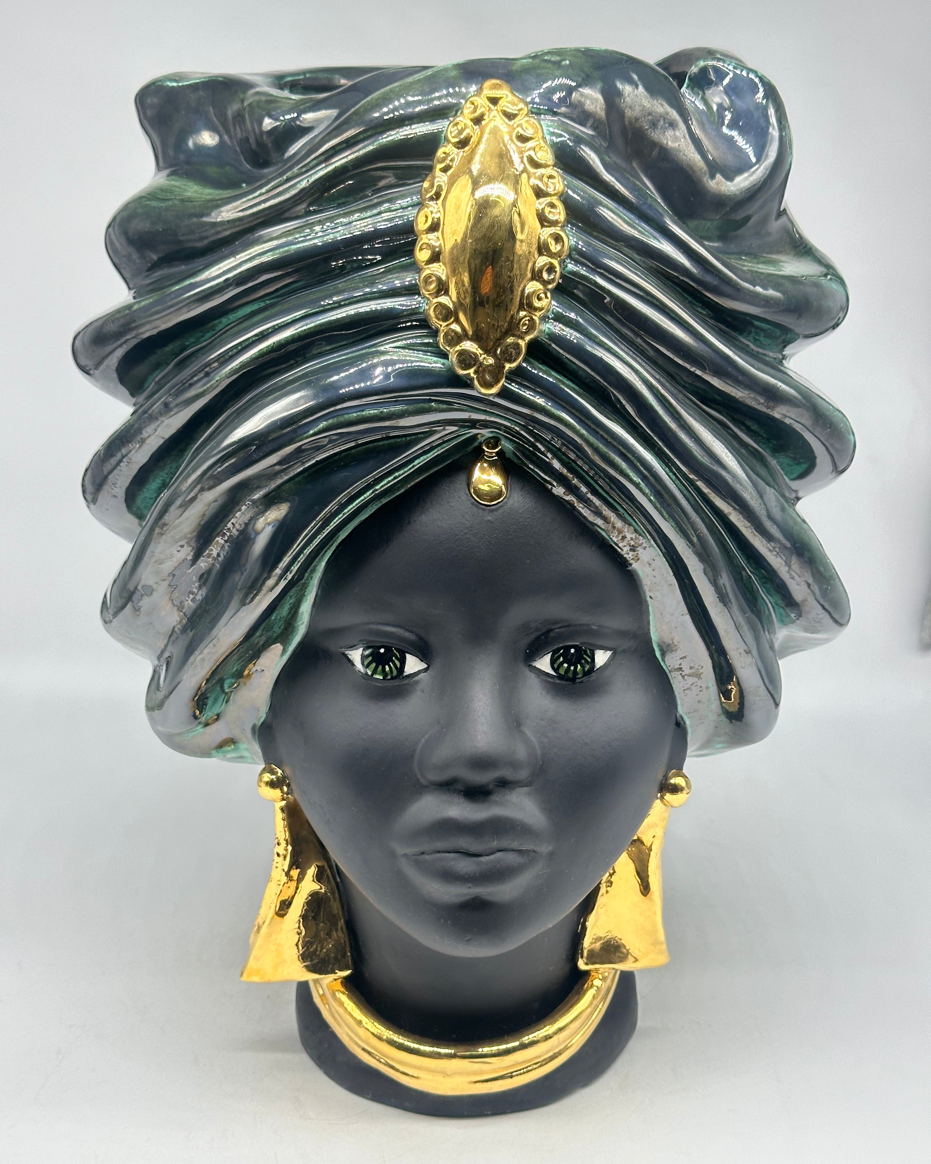 Teste di Moro Atena Ceramica Caltagirone cm H.40 L.28 Artigianale Verde Rame Nero Oro - Donna - TESTE DI MORO