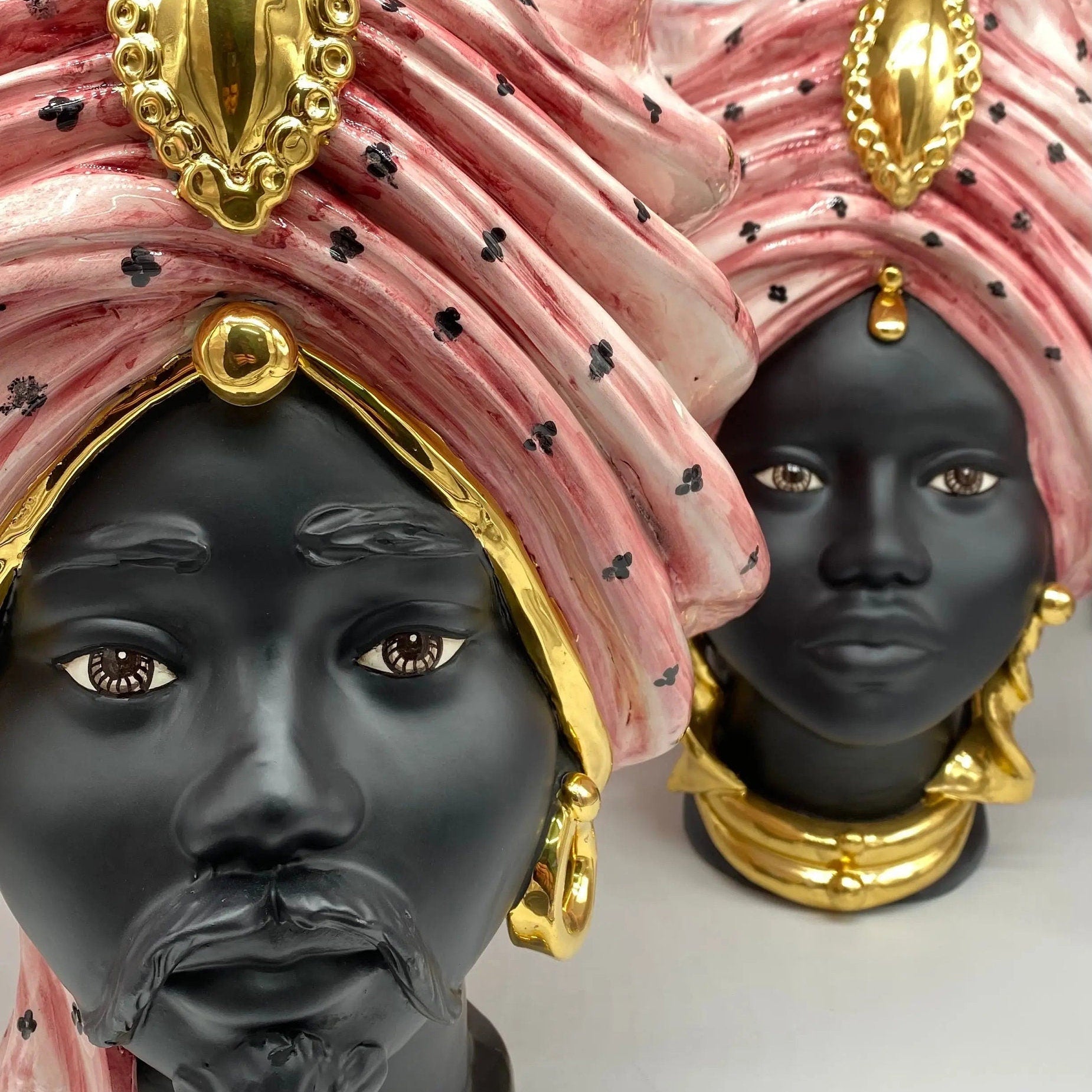 Teste di Moro Atena Ceramica Caltagirone cm H.40 L.28 Artigianale Rosa Pois Nero Oro DD CERAMICHE SICILIANE