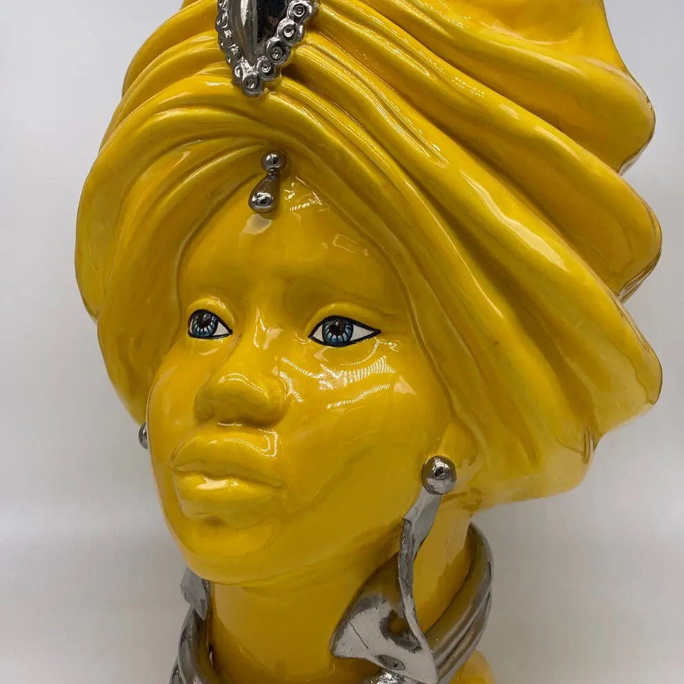 Teste di Moro Atena Ceramica Caltagirone cm H.40 L.28 Artigianale Giallo Platino DD CERAMICHE SICILIANE