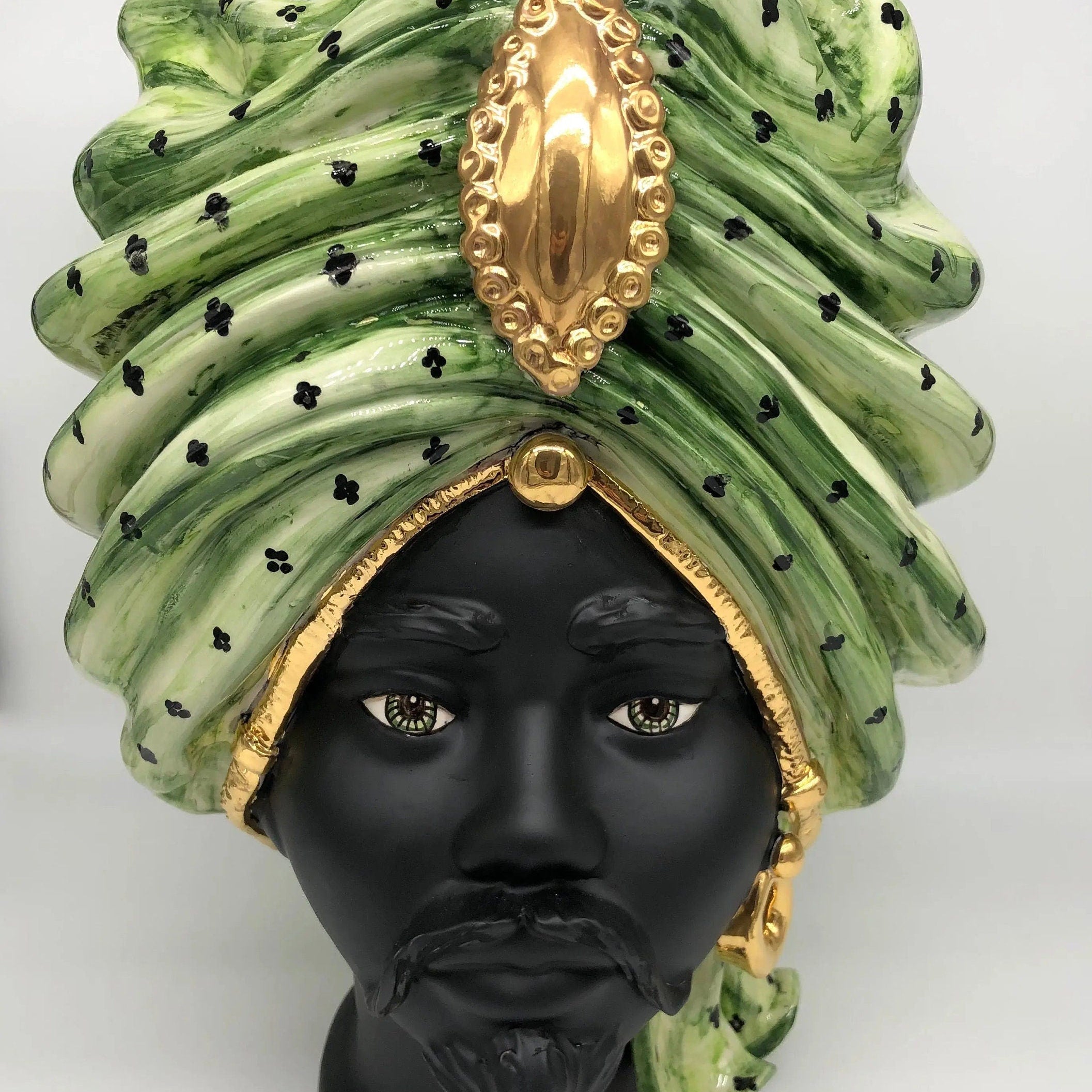 Teste di Moro Atena Ceramica Caltagirone cm H.40 L.28 Artigianale Verde Pois Nero Oro DD CERAMICHE SICILIANE