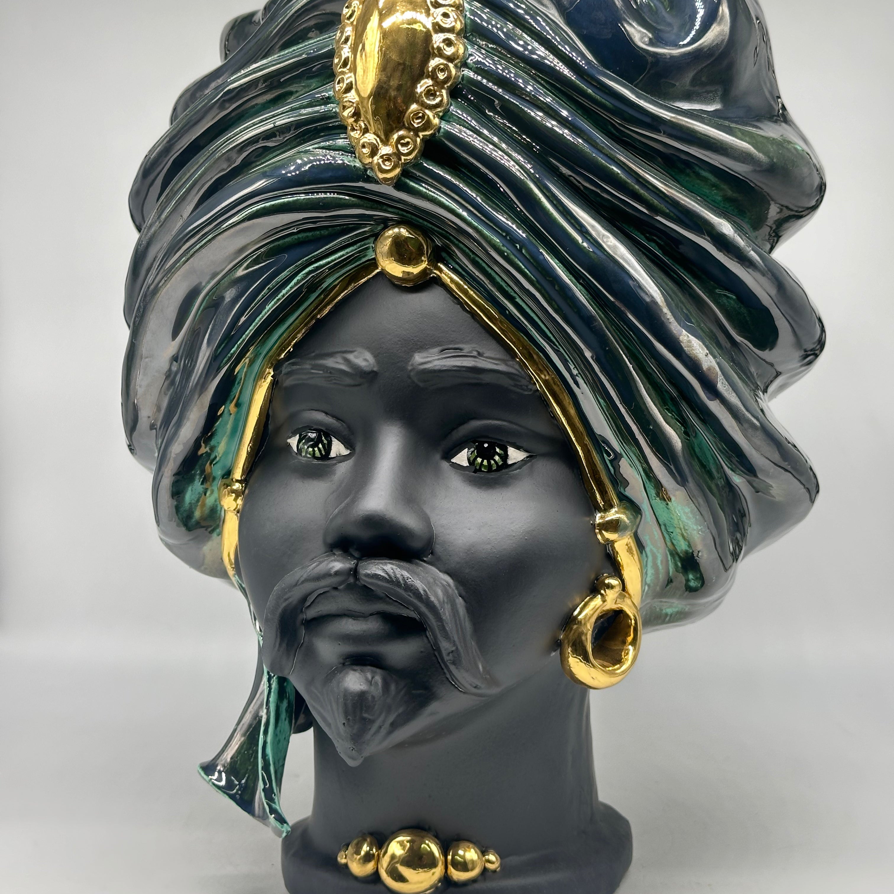 Teste di Moro Atena Ceramica Caltagirone cm H.40 L.28 Artigianale Verde Rame Nero Oro - TESTE DI MORO