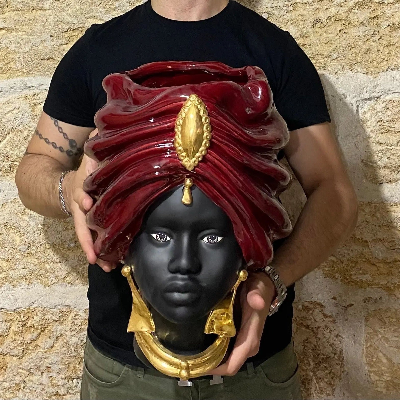 Teste di Moro Atena Ceramica Caltagirone cm H.40 L.28 Artigianale Bordeaux Nero Oro DD CERAMICHE SICILIANE
