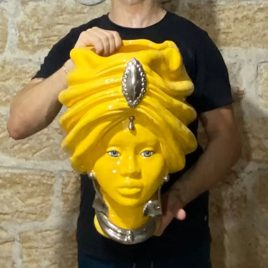 Teste di Moro Atena Ceramica Caltagirone cm H.40 L.28 Artigianale Giallo Platino DD CERAMICHE SICILIANE