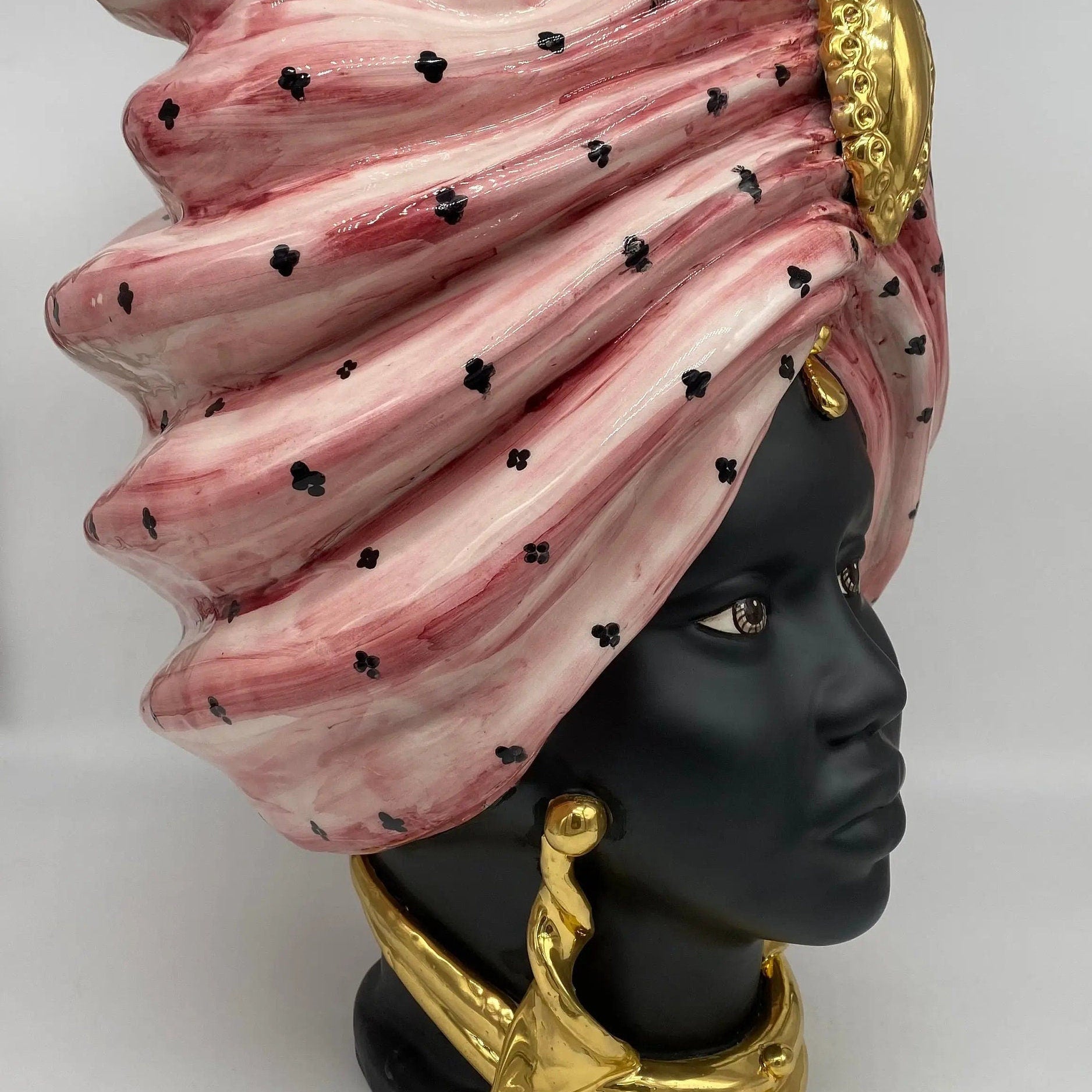 Teste di Moro Atena Ceramica Caltagirone cm H.40 L.28 Artigianale Rosa Pois Nero Oro DD CERAMICHE SICILIANE