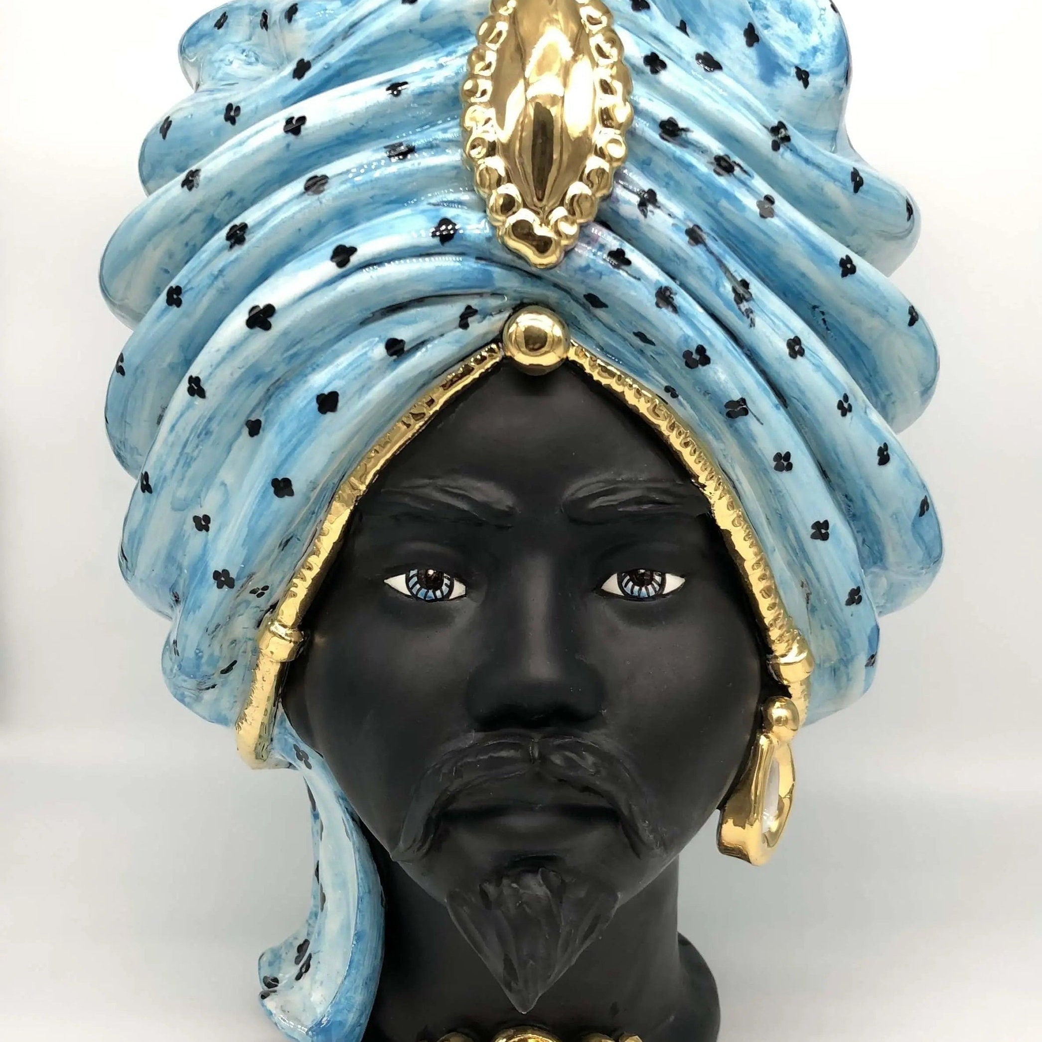 Teste di Moro Atena Ceramica Caltagirone cm H.40 L.28 Artigianale Celeste Pois Nero Oro DD CERAMICHE SICILIANE