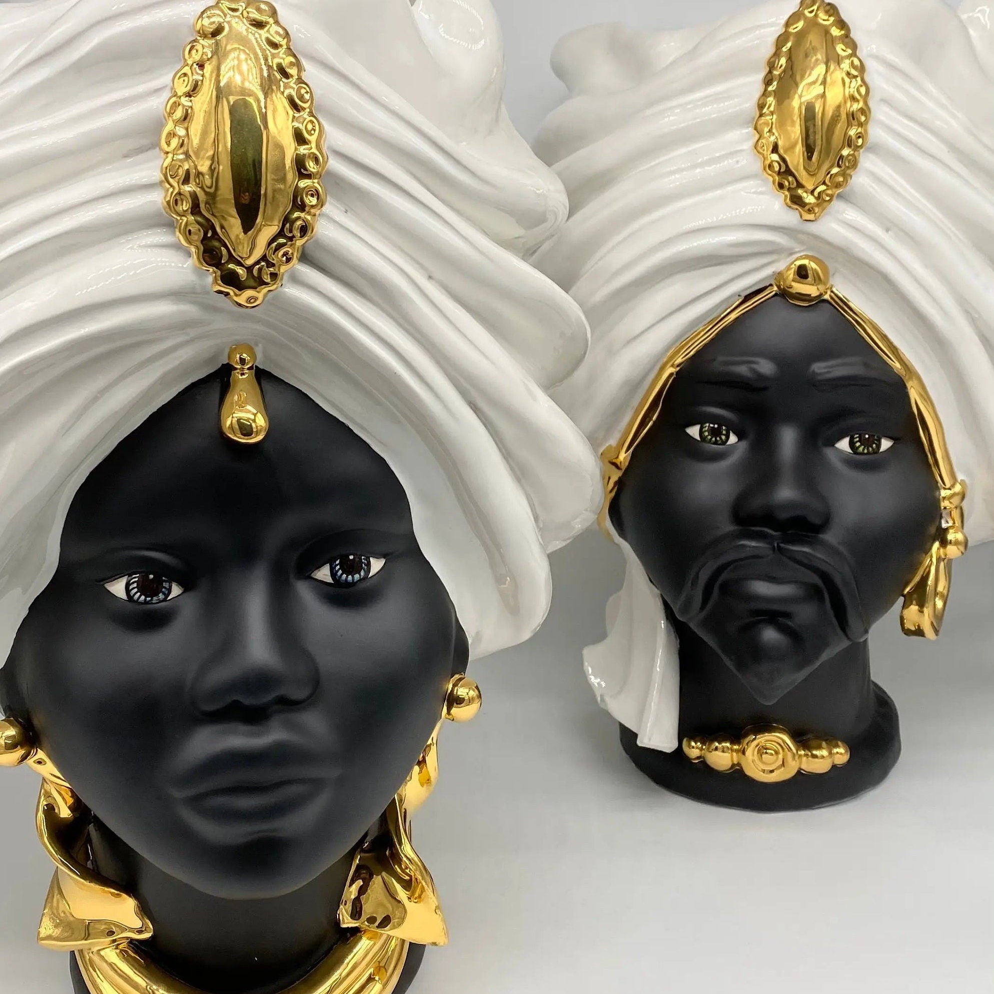 Teste di Moro Atena Ceramica Caltagirone cm H.40 L.28 Artigianale Bianco Nero Oro DD CERAMICHE SICILIANE