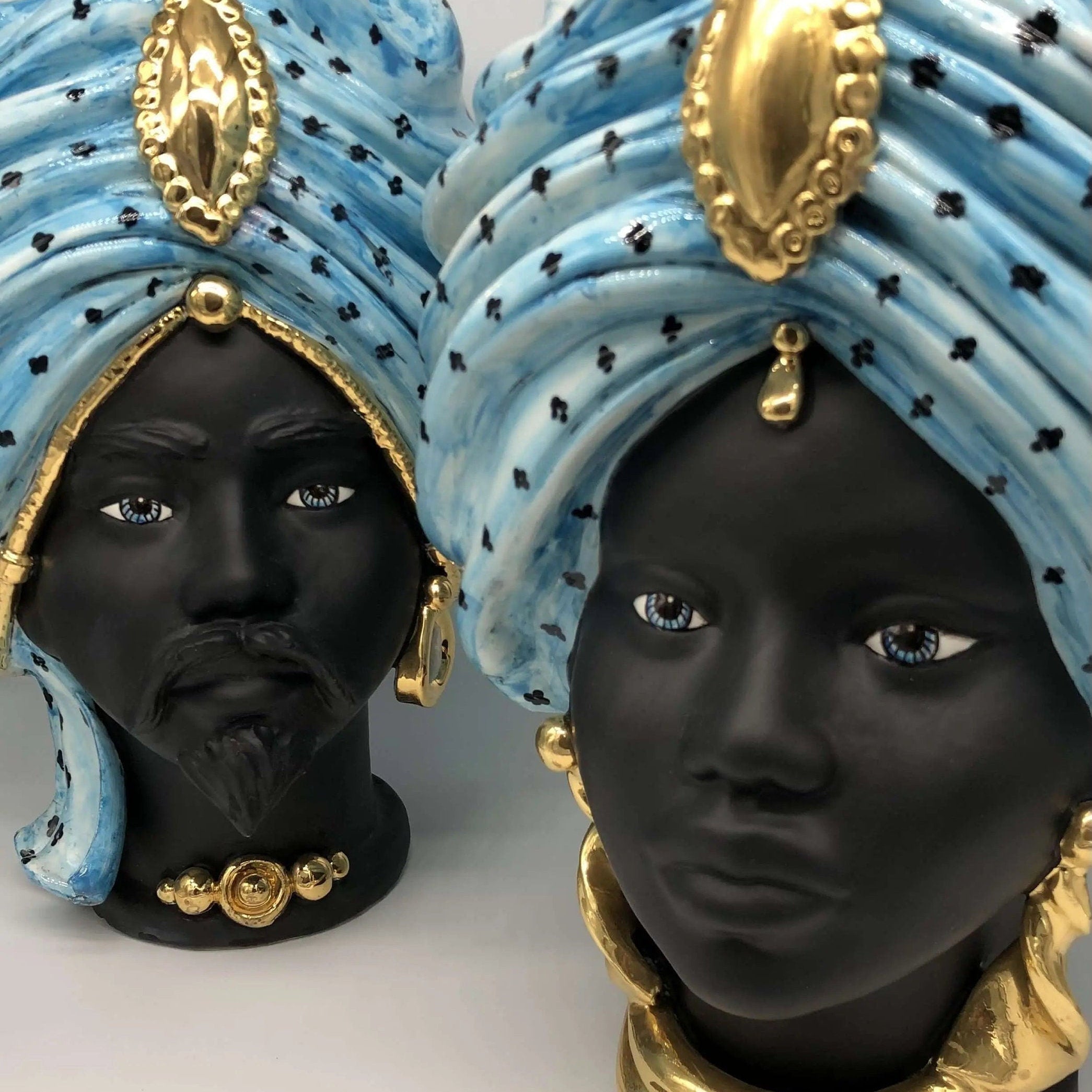 Teste di Moro Atena Ceramica Caltagirone cm H.40 L.28 Artigianale Celeste Pois Nero Oro DD CERAMICHE SICILIANE