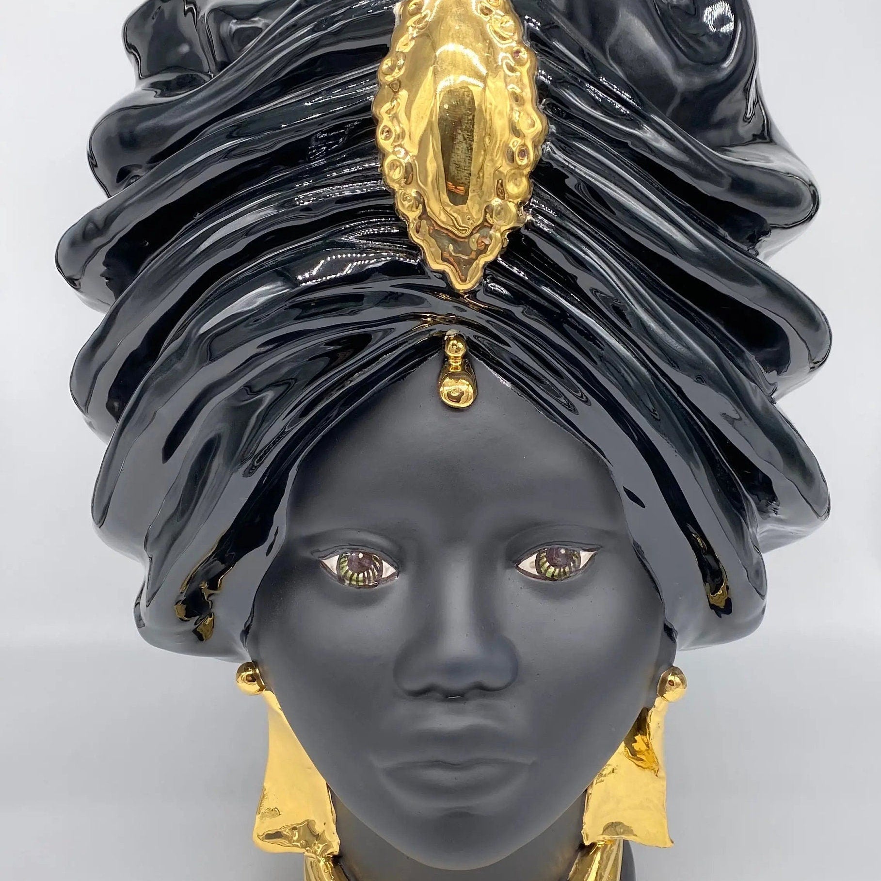 Teste di Moro Atena Ceramica Caltagirone cm H.40 L.28 Artigianale Nero Oro DD CERAMICHE SICILIANE