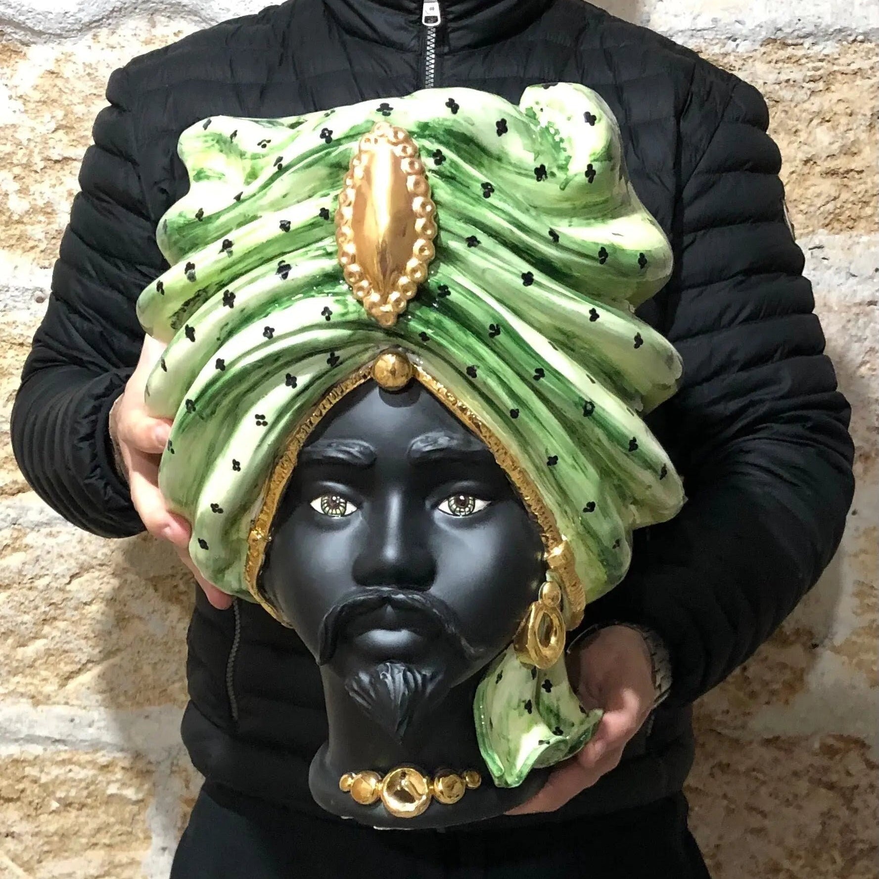 Teste di Moro Atena Ceramica Caltagirone cm H.40 L.28 Artigianale Verde Pois Nero Oro DD CERAMICHE SICILIANE