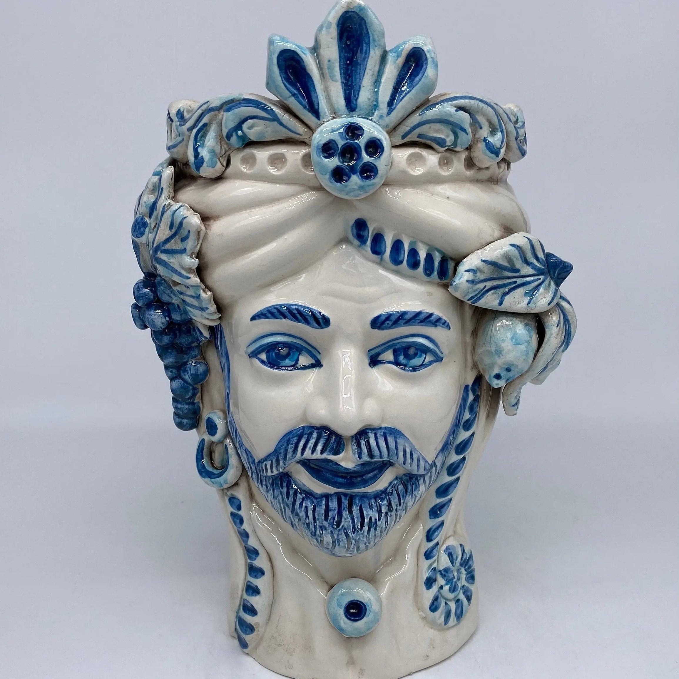 Teste di Moro Classica Ceramica Caltagirone cm H.27 L.20 Artigianale Bianco Blu DD CERAMICHE SICILIANE
