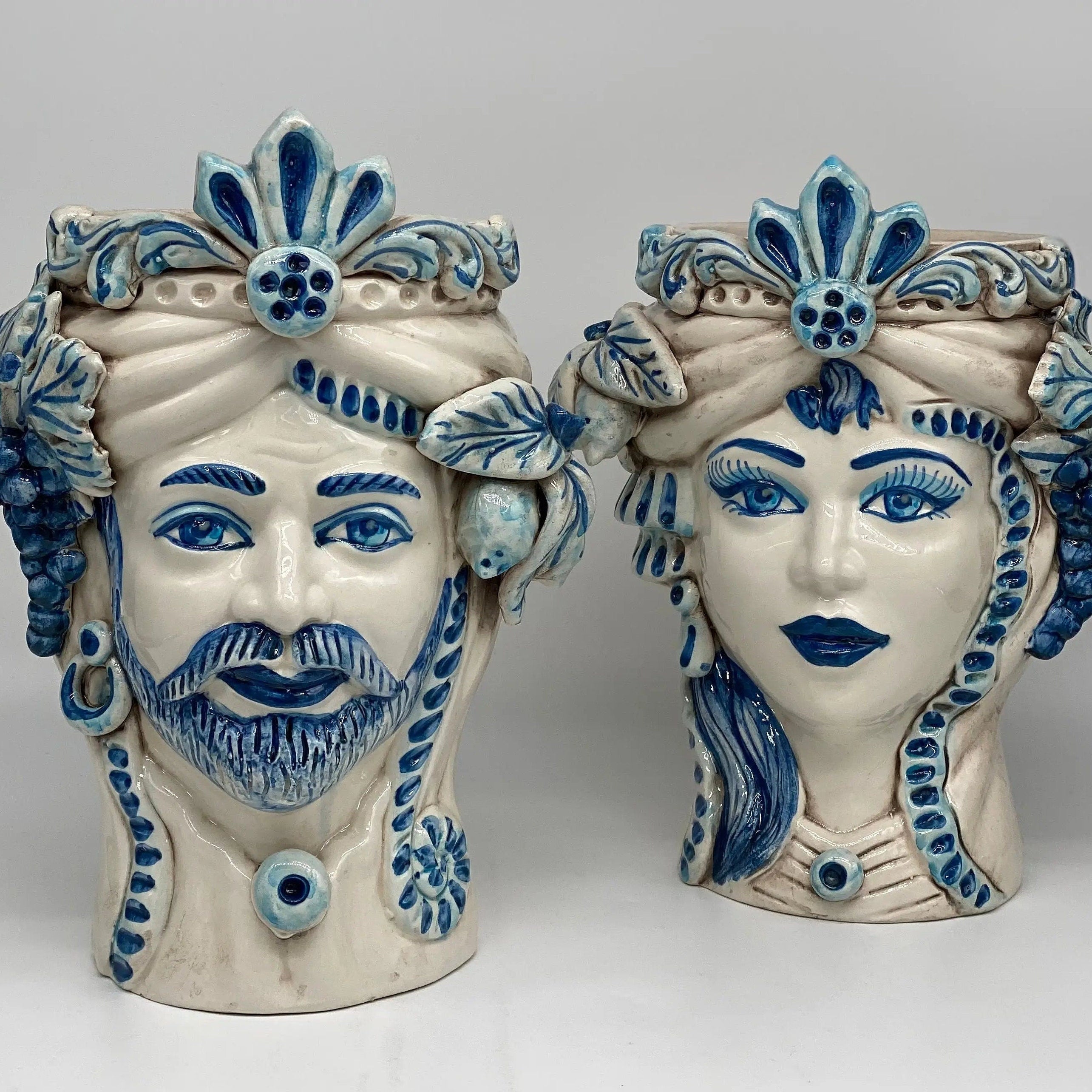 Teste di Moro Classica Ceramica Caltagirone cm H.27 L.20 Artigianale Bianco Blu DD CERAMICHE SICILIANE