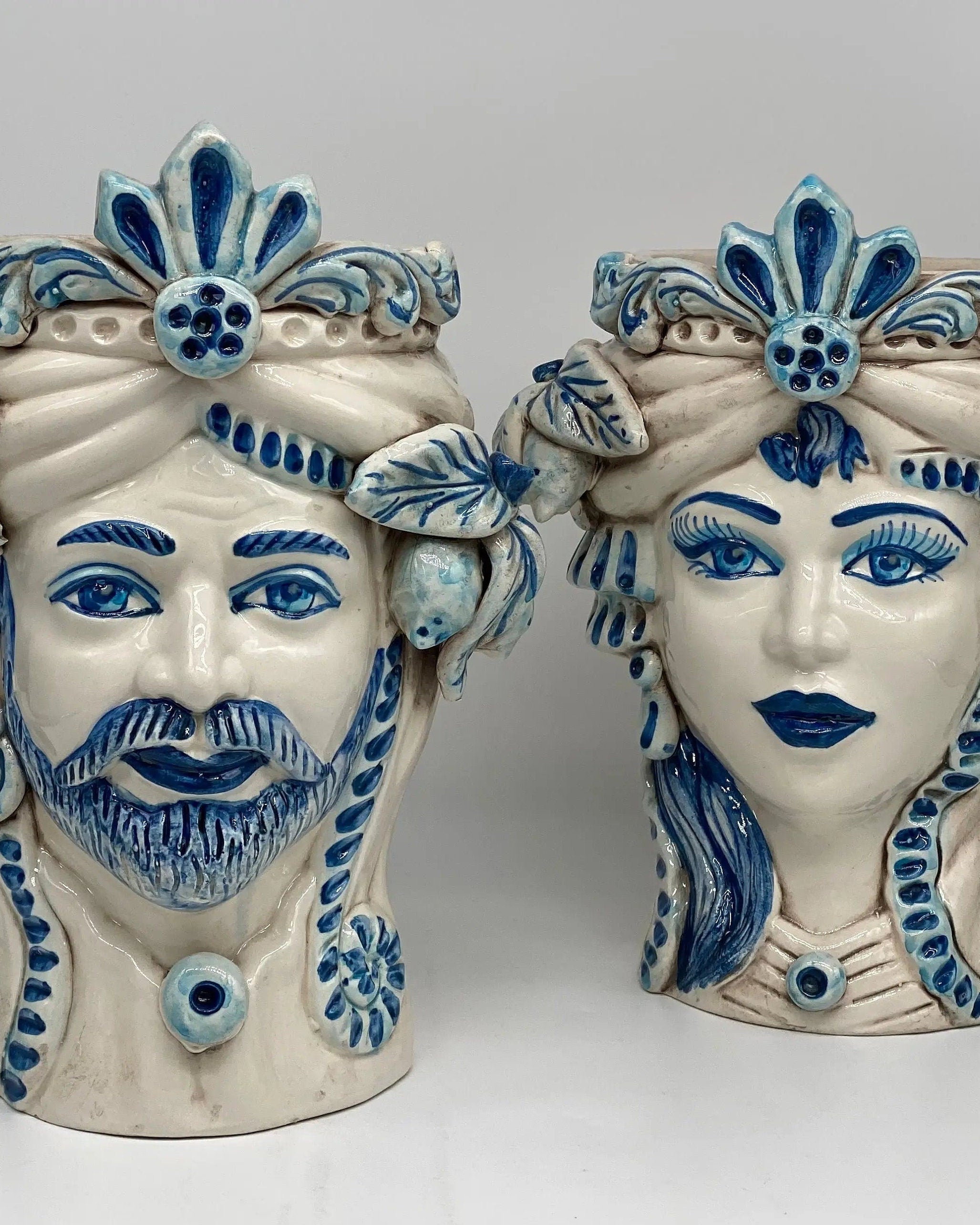 Teste di Moro Classica Ceramica Caltagirone cm H.27 L.20 Artigianale Bianco Blu DD CERAMICHE SICILIANE