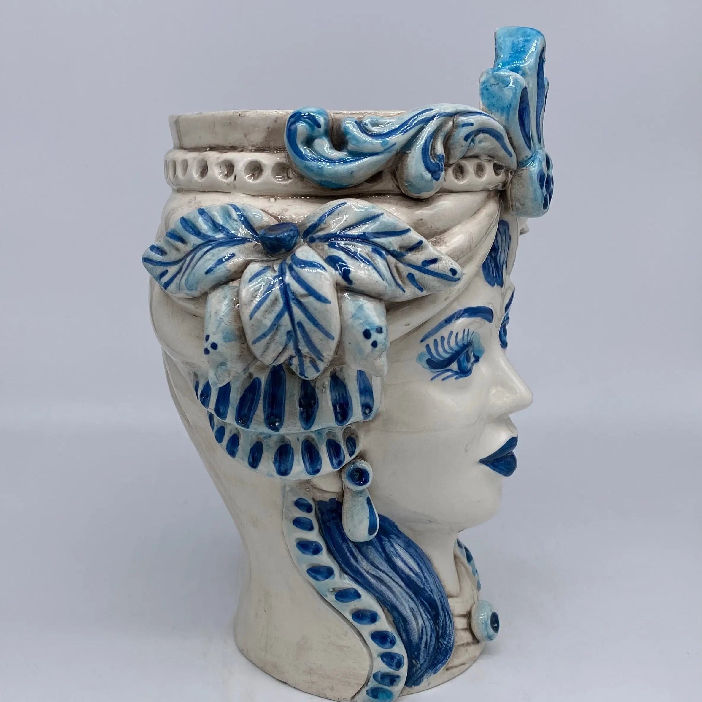 Teste di Moro Classica Ceramica Caltagirone cm H.27 L.20 Artigianale Bianco Blu DD CERAMICHE SICILIANE