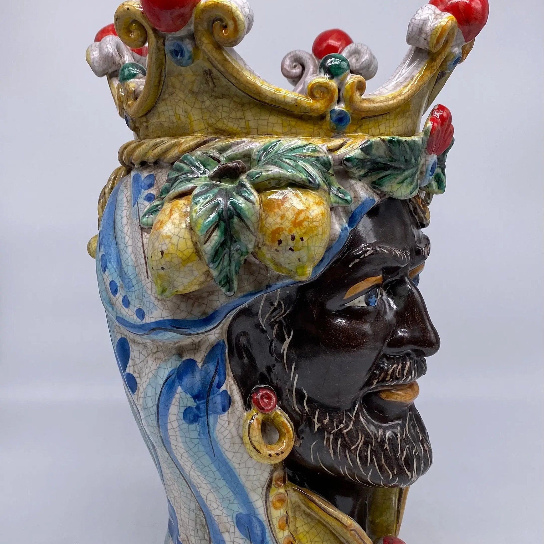 Teste di Moro Classica Ceramica Caltagirone cm H.33 L.23 Artigianale Craquelé DD CERAMICHE SICILIANE