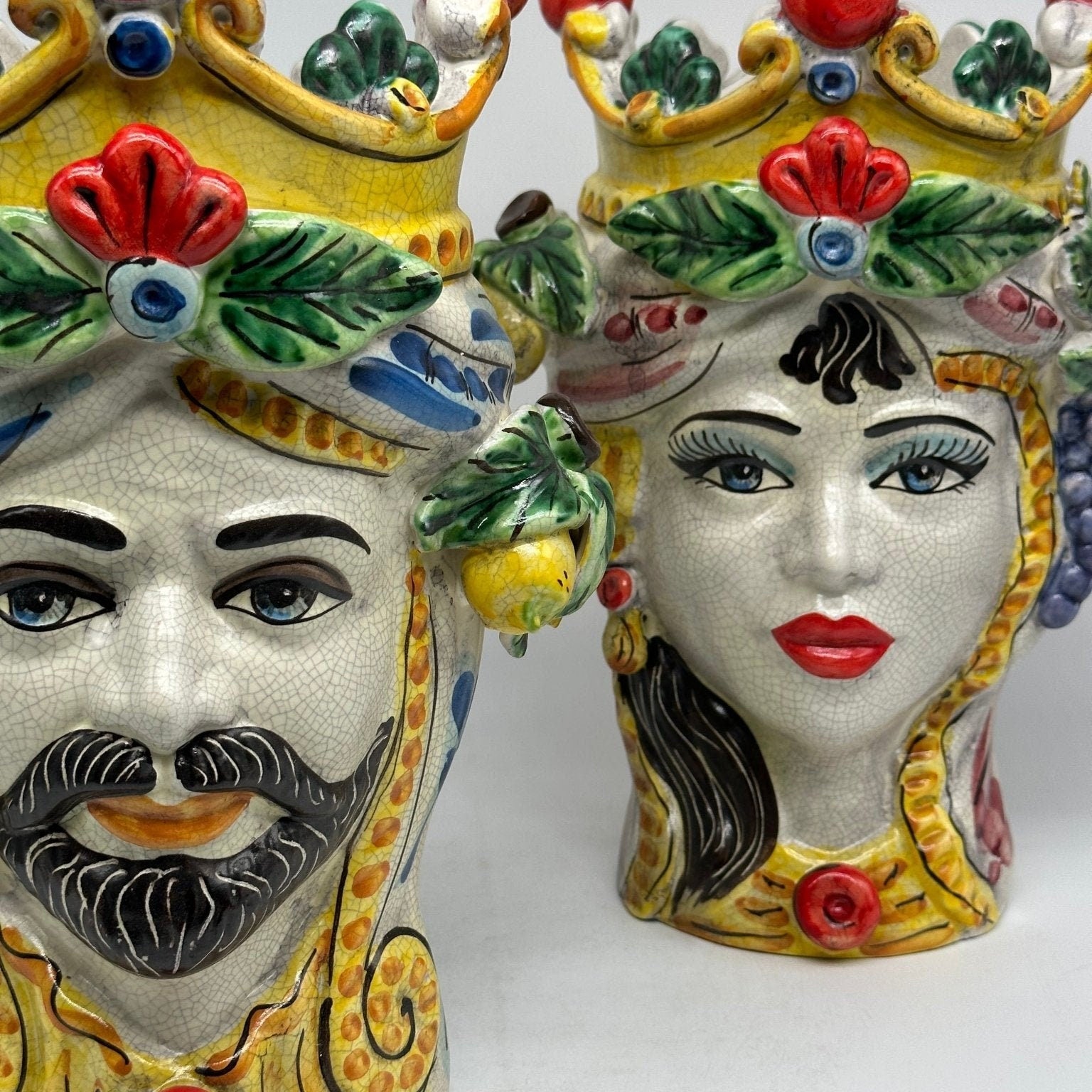 Teste di Moro Classica Corona Sfere Ceramica Caltagirone cm H.30 L.20 Craquelé - DD CERAMICHE SICILIANE