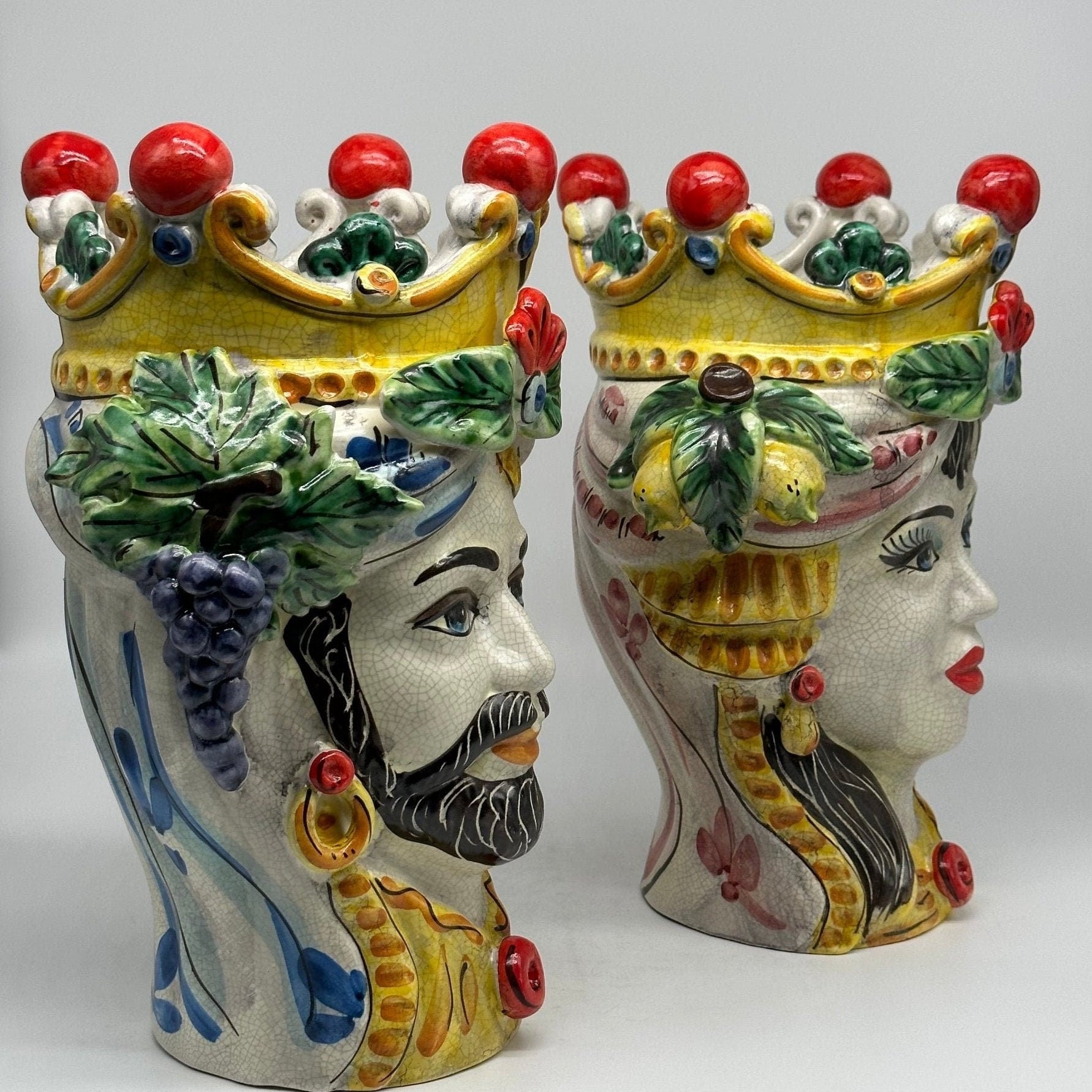 Teste di Moro Classica Corona Sfere Ceramica Caltagirone cm H.30 L.20 Craquelé - DD CERAMICHE SICILIANE