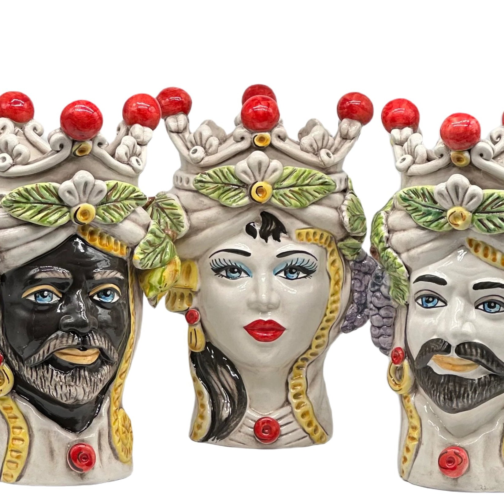 Teste di Moro Classica Corona Sfere Rosso Ceramica Caltagirone cm H.28 L.20 Artigianale - TESTA DI MORO