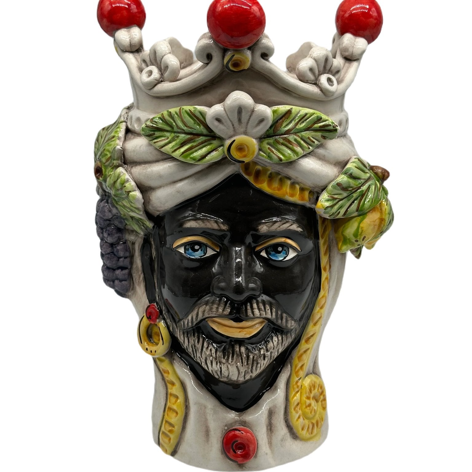 Teste di Moro Classica Corona Sfere Rosso Ceramica Caltagirone cm H.28 L.20 Artigianale - Re Nero - TESTA DI MORO