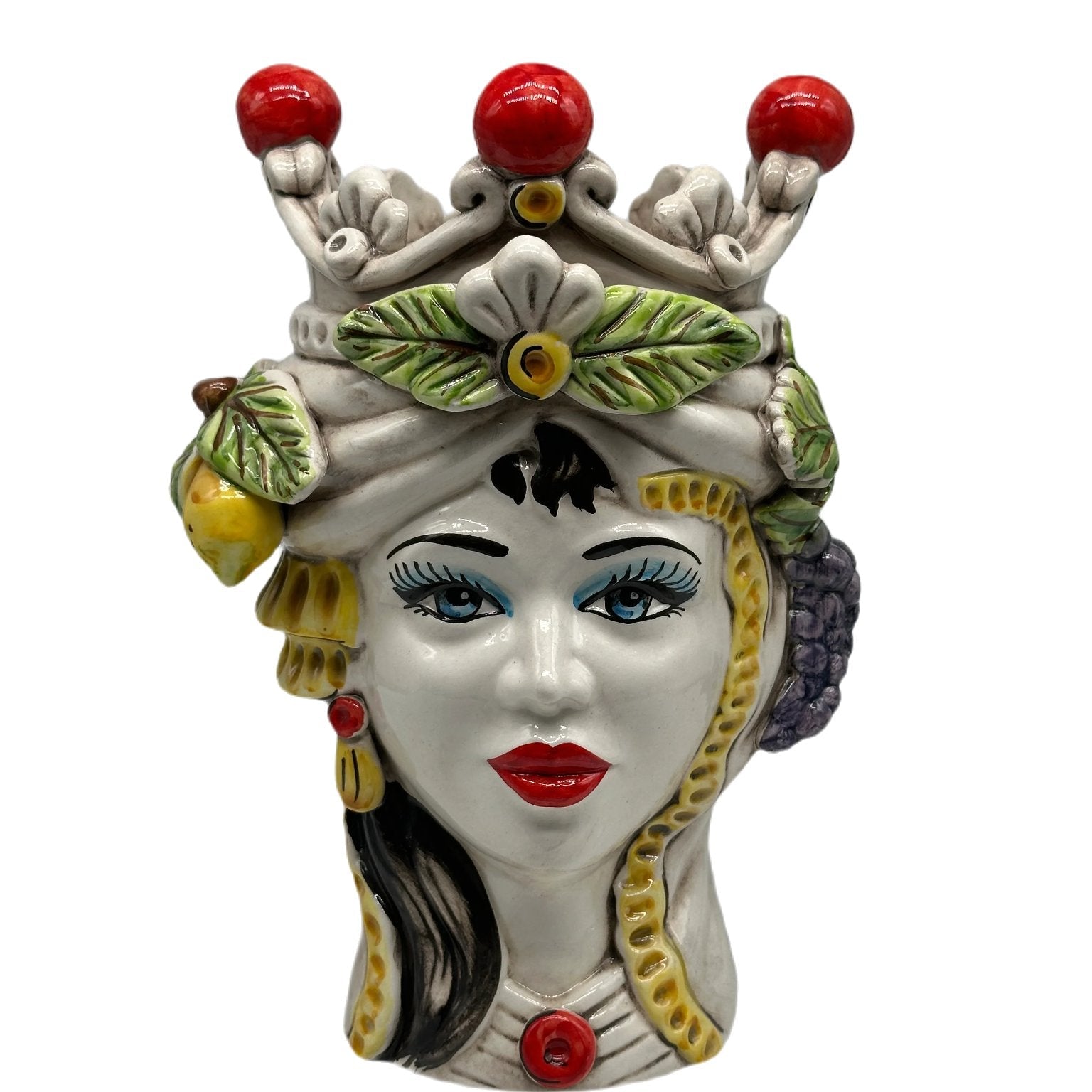 Teste di Moro Classica Corona Sfere Rosso Ceramica Caltagirone cm H.28 L.20 Artigianale - Regina - TESTA DI MORO