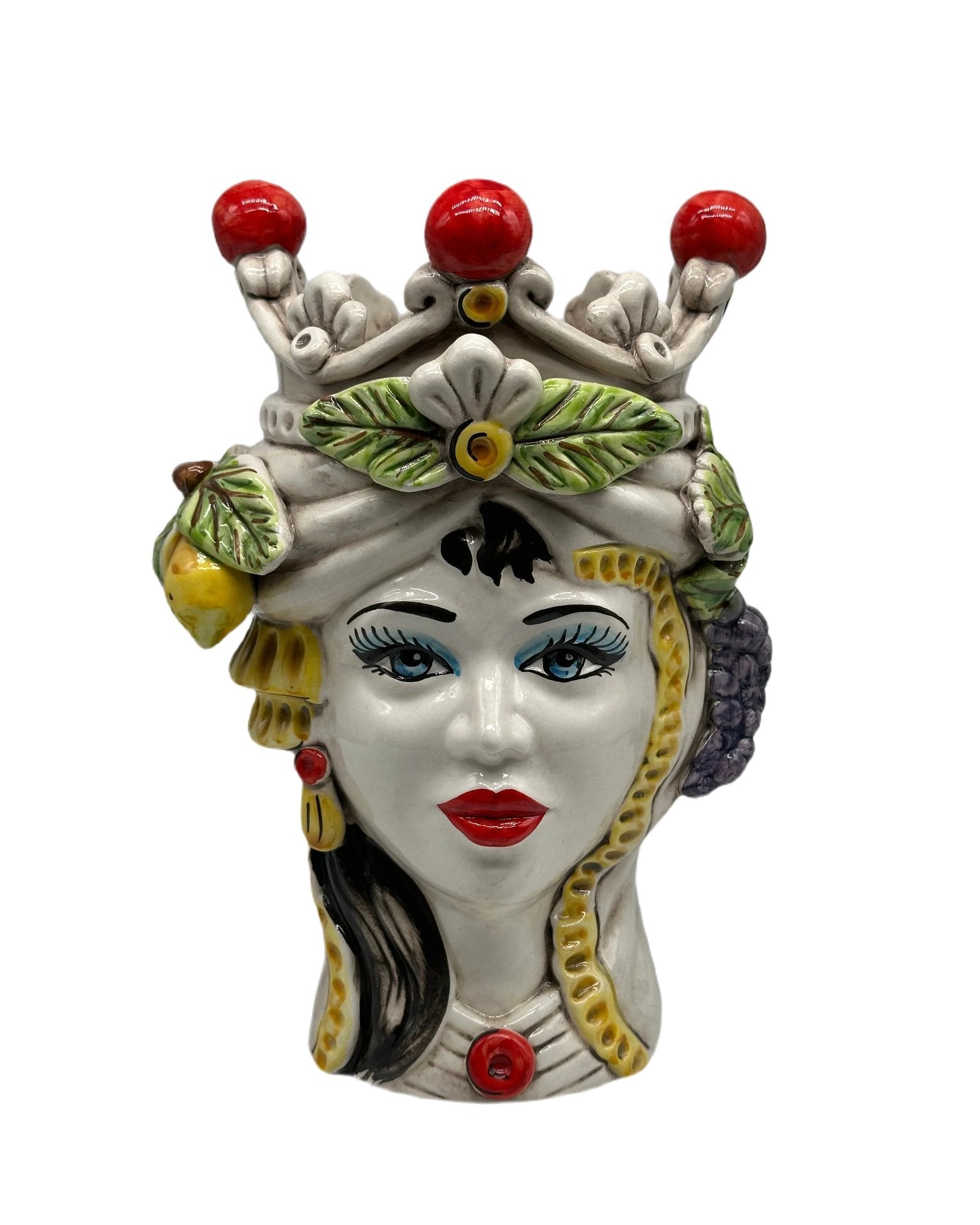 Teste di Moro Classica Corona Sfere Rosso Ceramica Caltagirone cm H.28 L.20 Artigianale - Regina - TESTA DI MORO