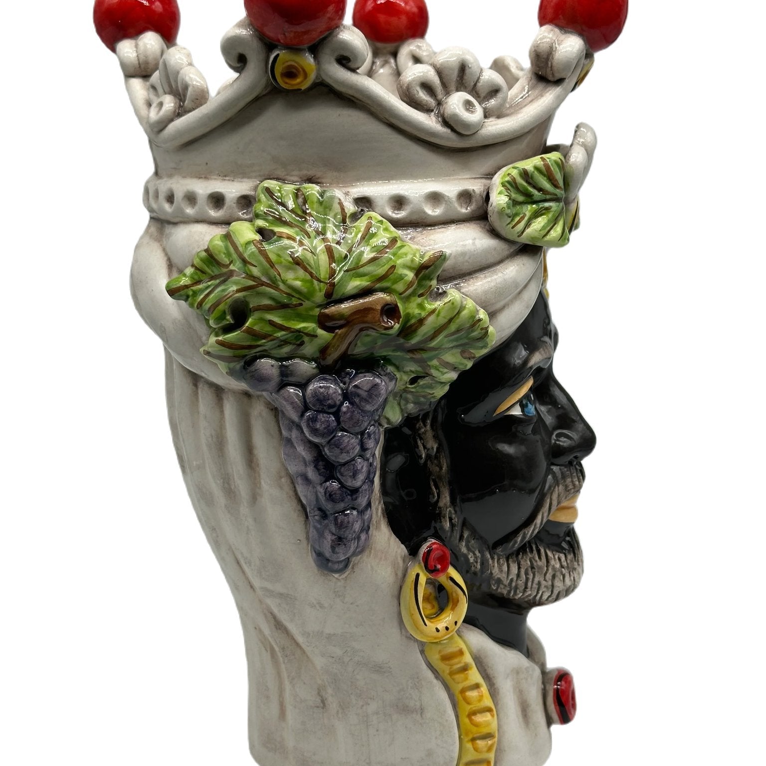 Teste di Moro Classica Corona Sfere Rosso Ceramica Caltagirone cm H.28 L.20 Artigianale - TESTA DI MORO